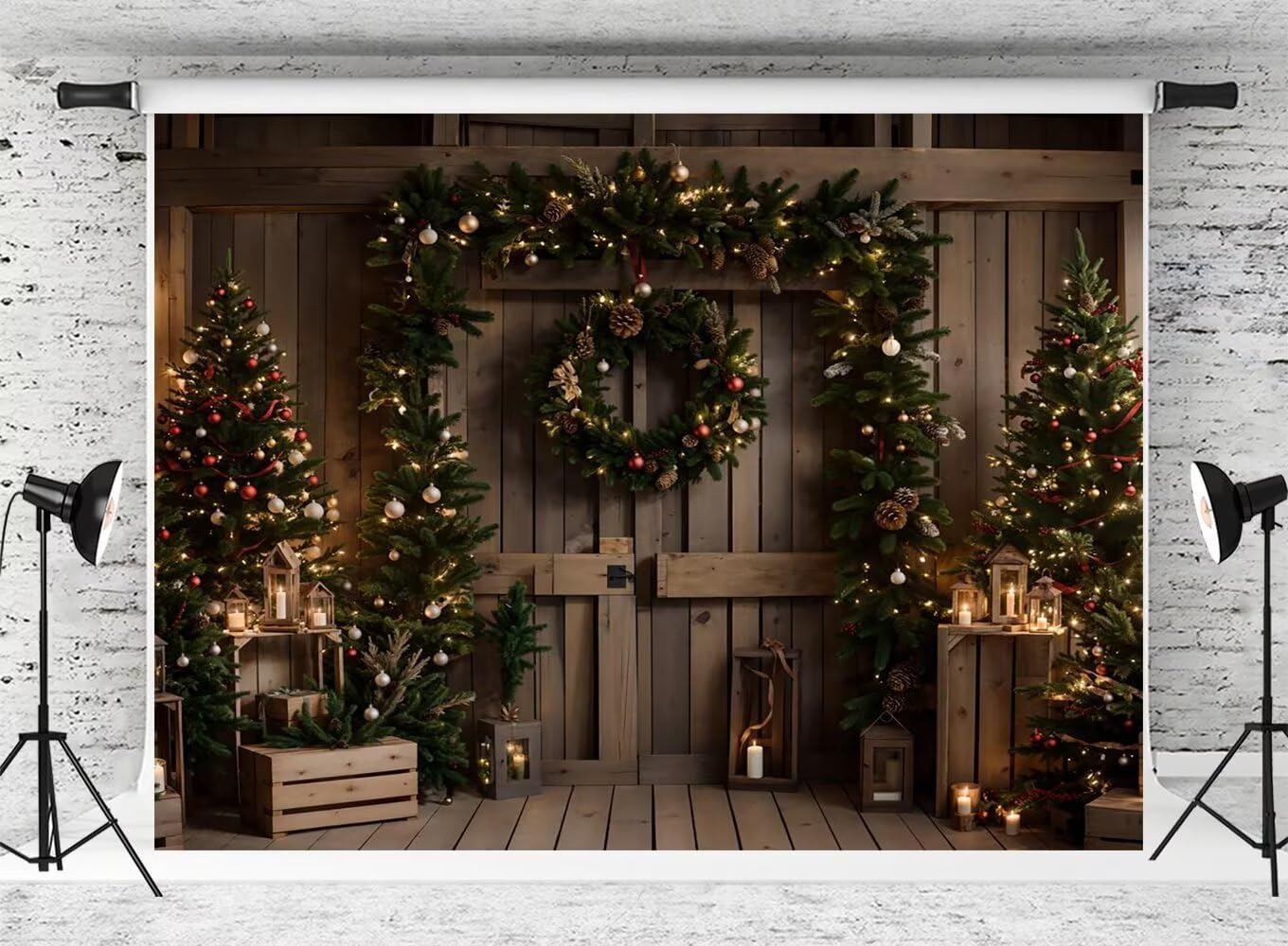 Kate Christmas Barn Door Photo Backdrop Farm Indoor Dark Brown Background Christmas Trees Wreath Decor Photo Background Studio Props,7x5ft