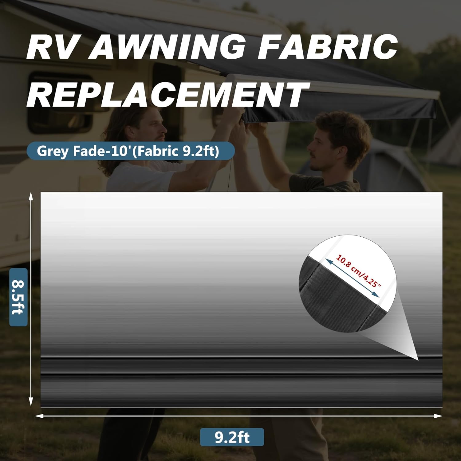 RV Awning Fabric Replacement, Heavy Duty 4-PLY Camper Awning Replace, Universal Outdoor Canopy for Camper, Trailer, Motorhome Awnings for All Awning Brands, Black Fade 10FT (Fabric 9' 2")