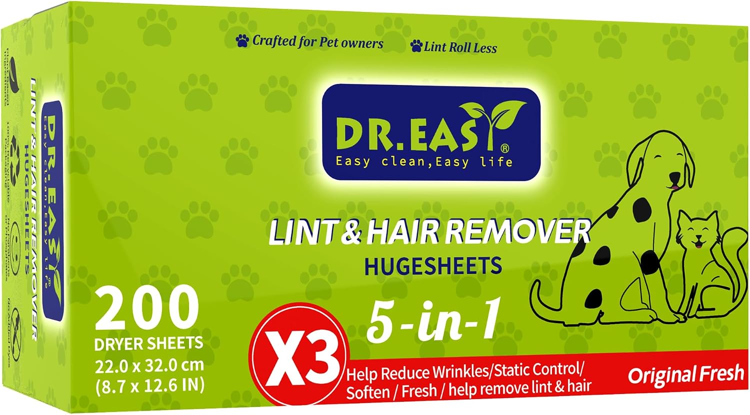 Dr.Easy LINT & HAIR REMOVER Pet HUGESHEETS with 3X Dryer Sheets, Outdoor Fresh, 200 Count,PLANT&MINERAL-BASED FORMULA