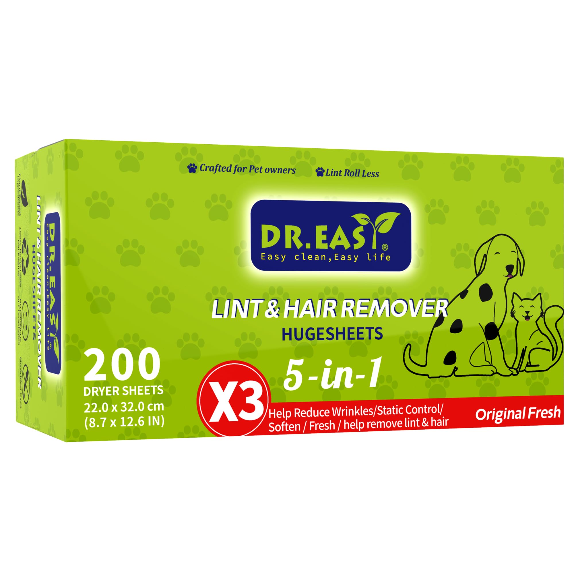 Dr.Easy LINT & HAARENTFERNER Haustier HUGESHEETS mit 3X Trocknertüchern, Original Frisch, 200 Stück, PFLANZEN- & MINERALBASIERTE FORMEL