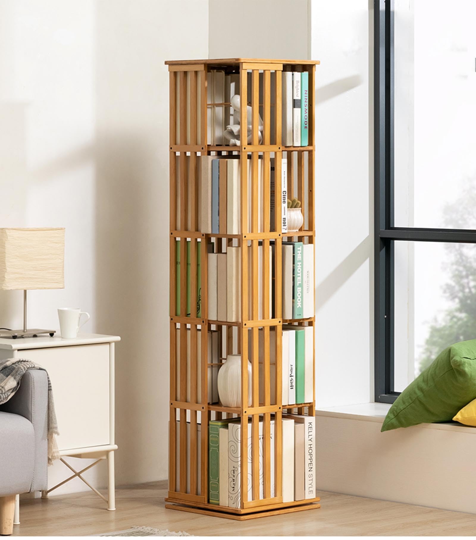 XAFNG Librerías giratoria de bambú de 360°, estantería giratoria de 5/6 Niveles, estantería giratoria de pie para Almacenamiento, Organizador de Torre para Sala de Estar, Sala de Estudio, Oficina