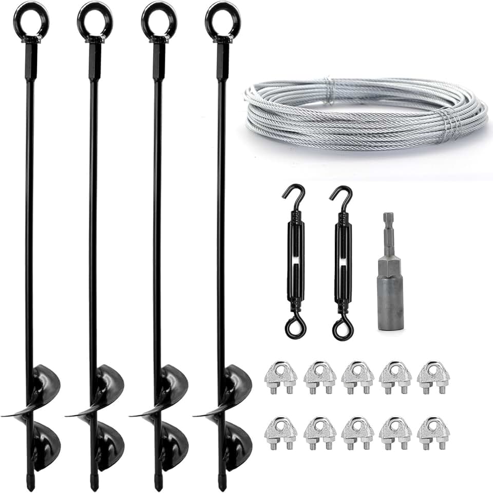 4 Pack 18" Ground Anchors Shed Anchor Kit with 1/8" Galvanized Cable &amp; Turnbuckles, Heavy Duty Earth Anchors for Sheds Canopy Gazebo Dog Runs Carport Tent