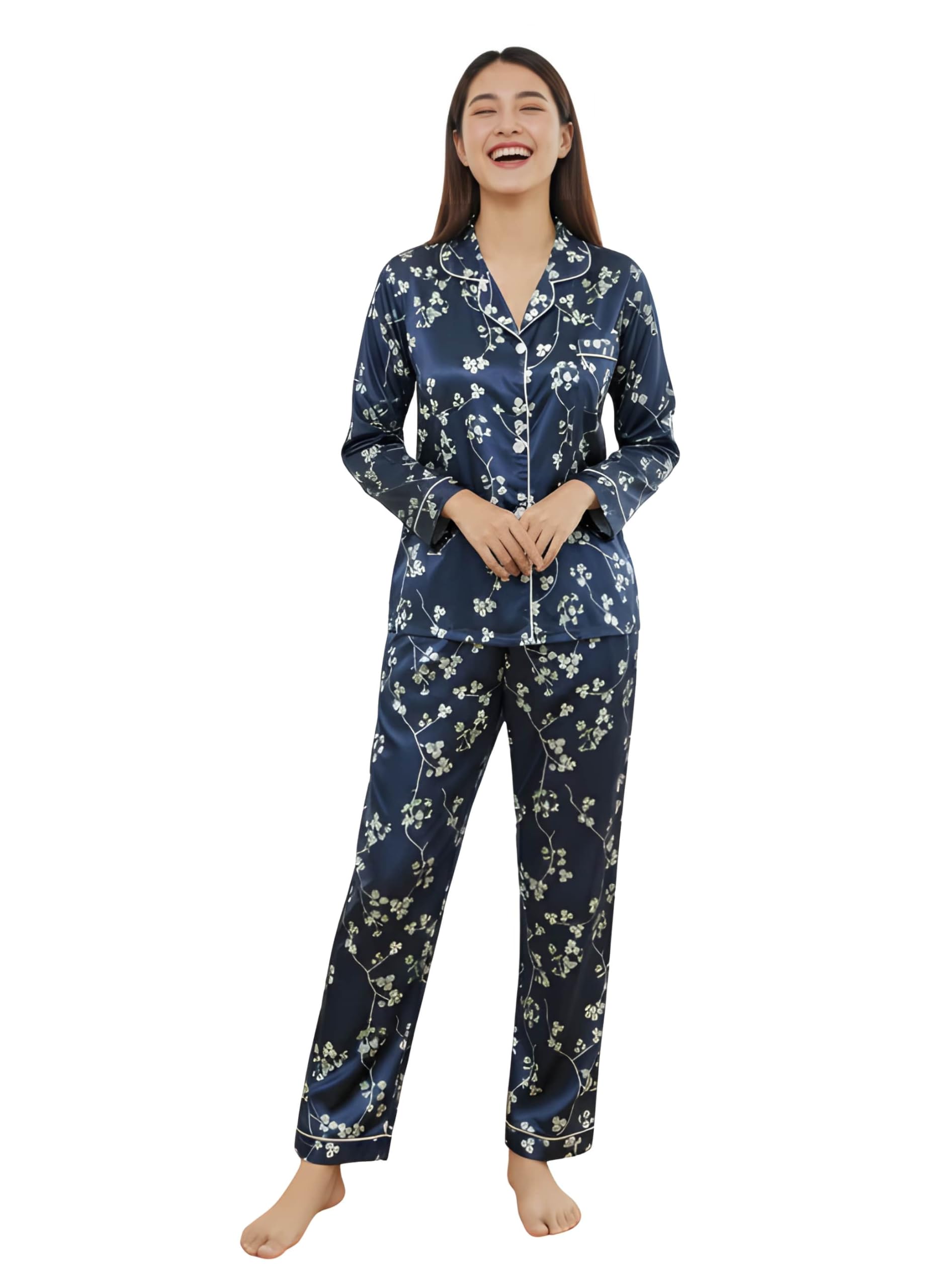 Night Suit for Women with Full Sleeve Button-Down Top with Pant Dress for Woman, Night Dress for Woman, Lycra Two-Piece Loungewear Set-picture-45