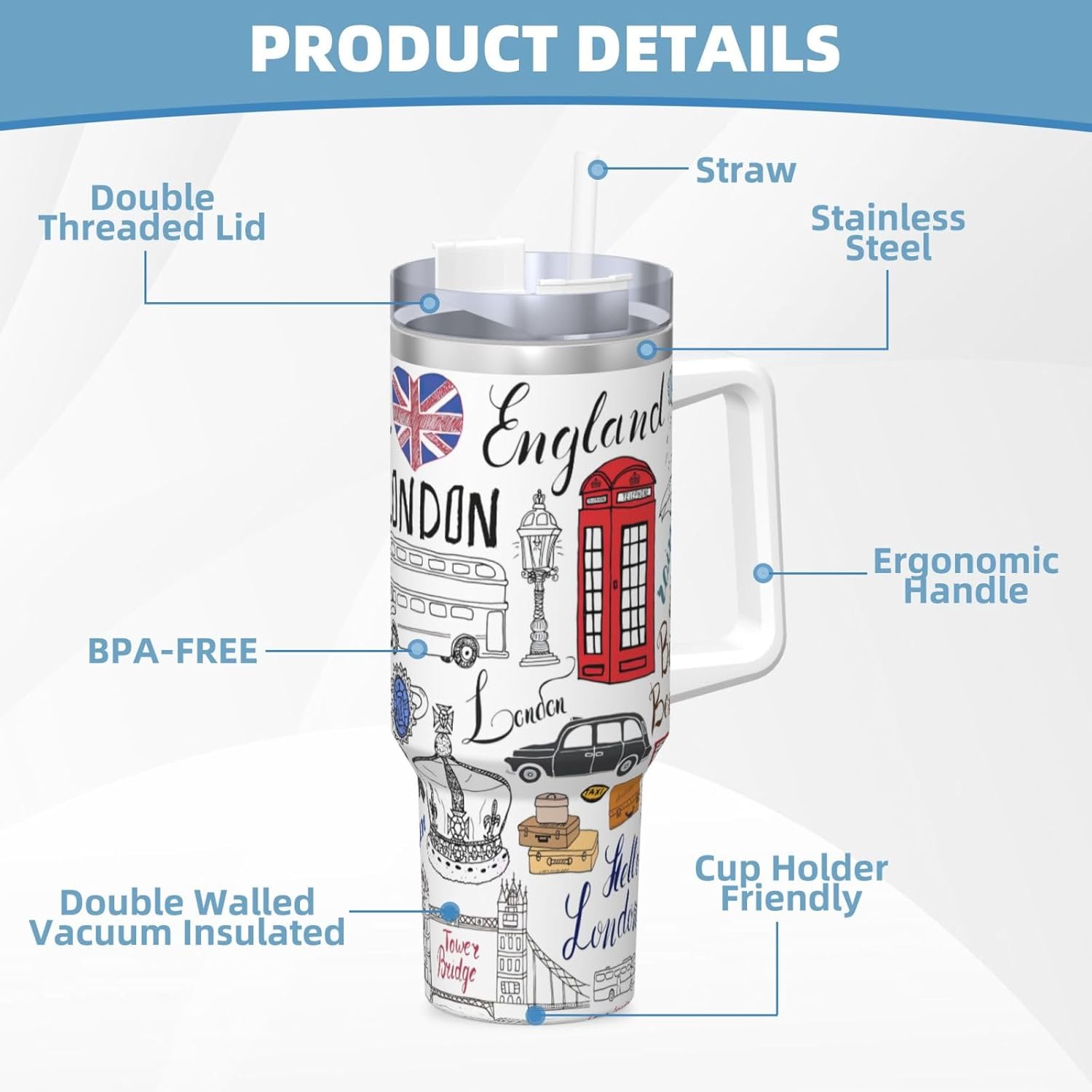 40 OZ I Love London Print Ice Bully Cup with Handle Straw Lid Straw,Stainless Steel Tumbler Coffee Cup