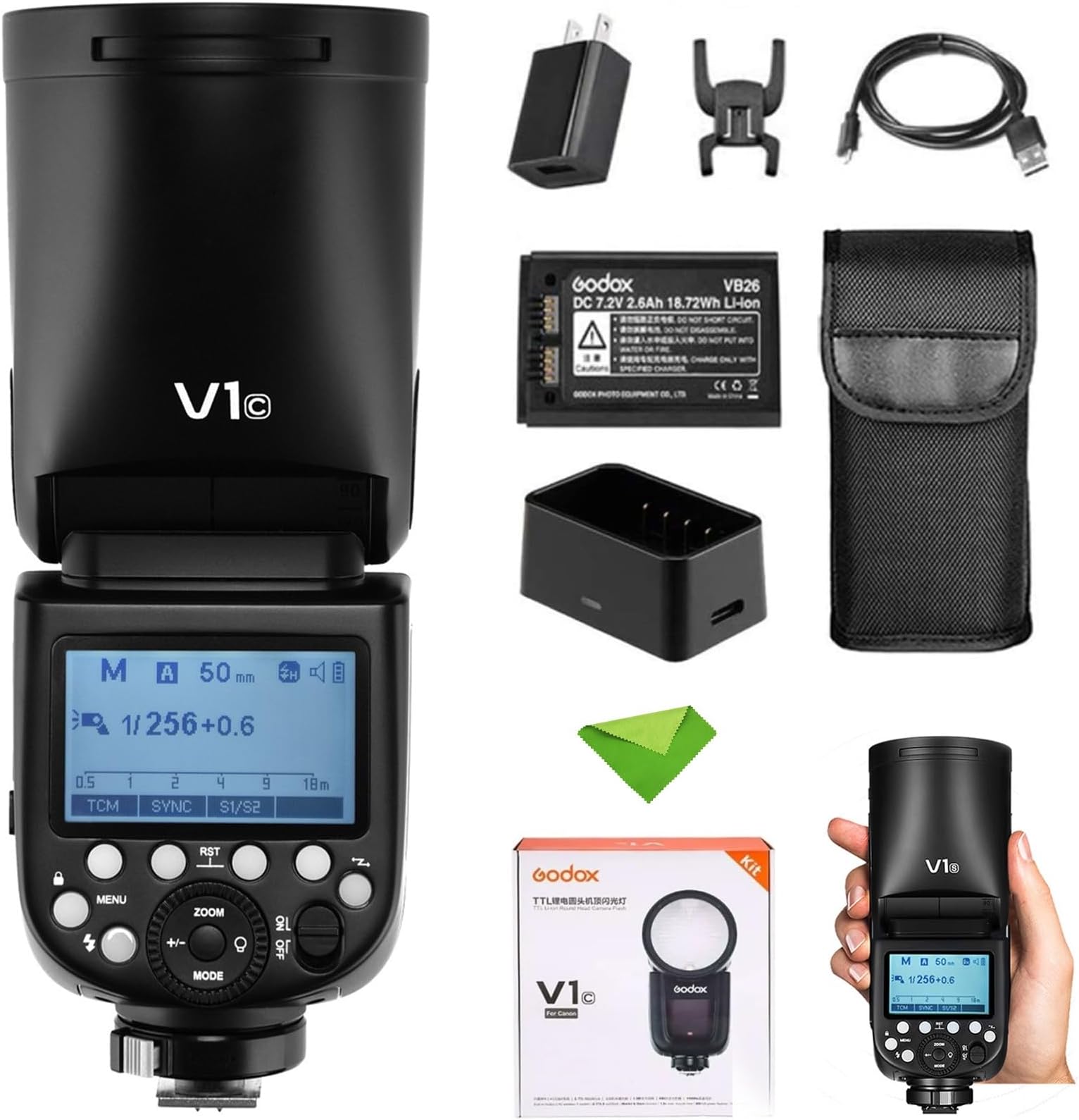 Godox V1 V1-C Flash for Canon Camera TTL Flash Speedlight 1/8000 HSS, 480 Full Power Flashes, 1.5s Recycle Time, 76Ws 2600mAh Li-ion Battery Round Head Flash Godox Flash Speedlite for Canon Cameras