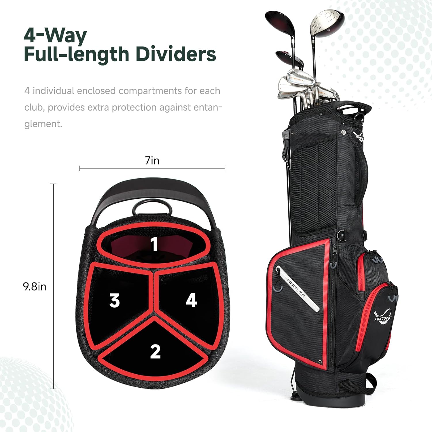 Anncord Golf Stand Bag with 4 Way Full Length Dividers, 4.4 Lbs Lightweight Golf Bag for Men Women, Waterproof Golf Carry Bags w/Stand, 7 Pockets & Cooler Pouch, Dual Straps, Rain Hood