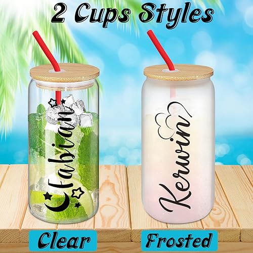 Miniatura 4 de Taza de vidrio personalizada con tapa de bambú y pajita, tazas de café helado esmerilado de 16 onzas con nombre, vaso de café personalizado para