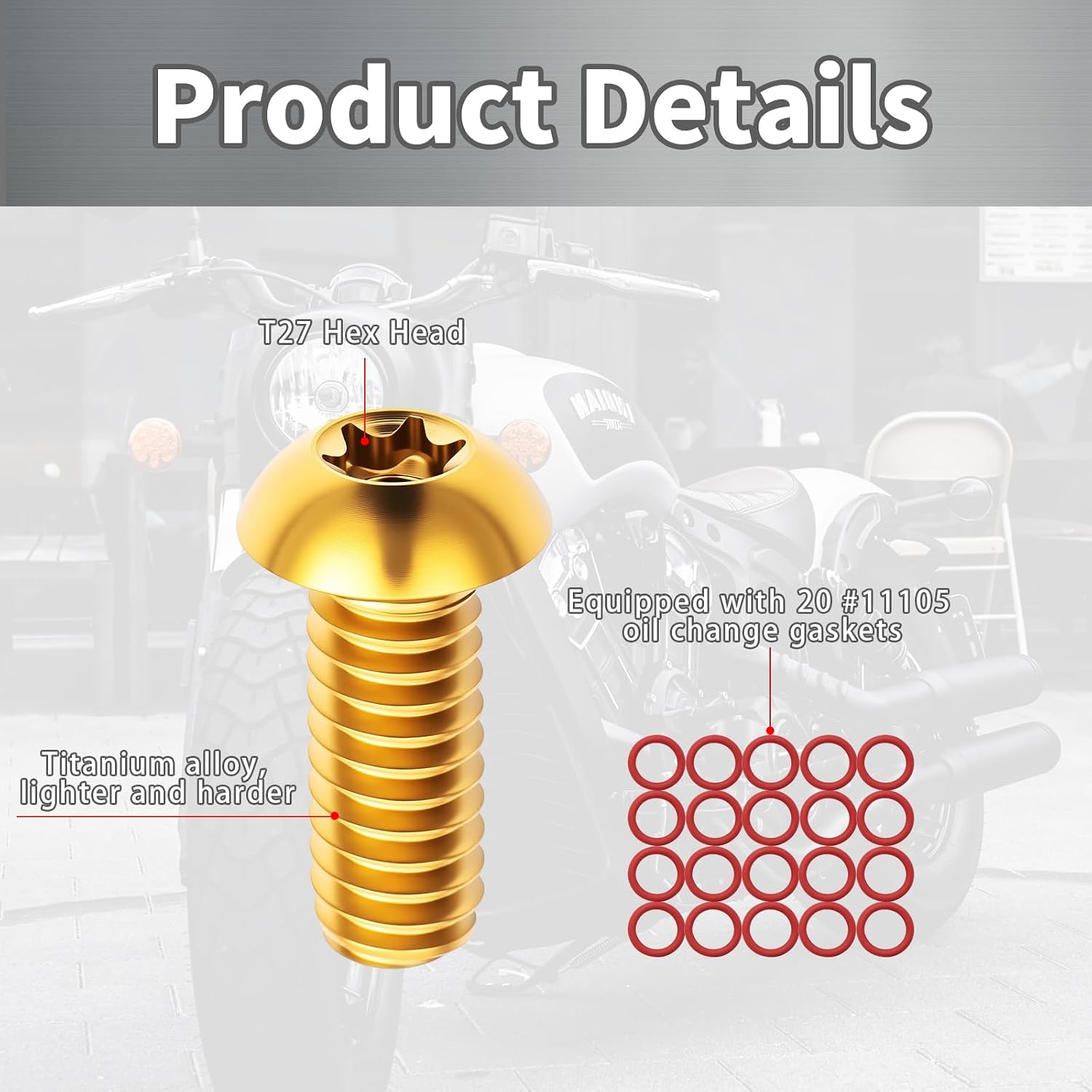 T27 TORX Titanium Alloy Bolts for Harley 5 or 6 Hole Derby Cover – Big Twin – Sportster - M8 Touring -Gold 【Does not fit 2018-2026 M8 Softail FX Models】