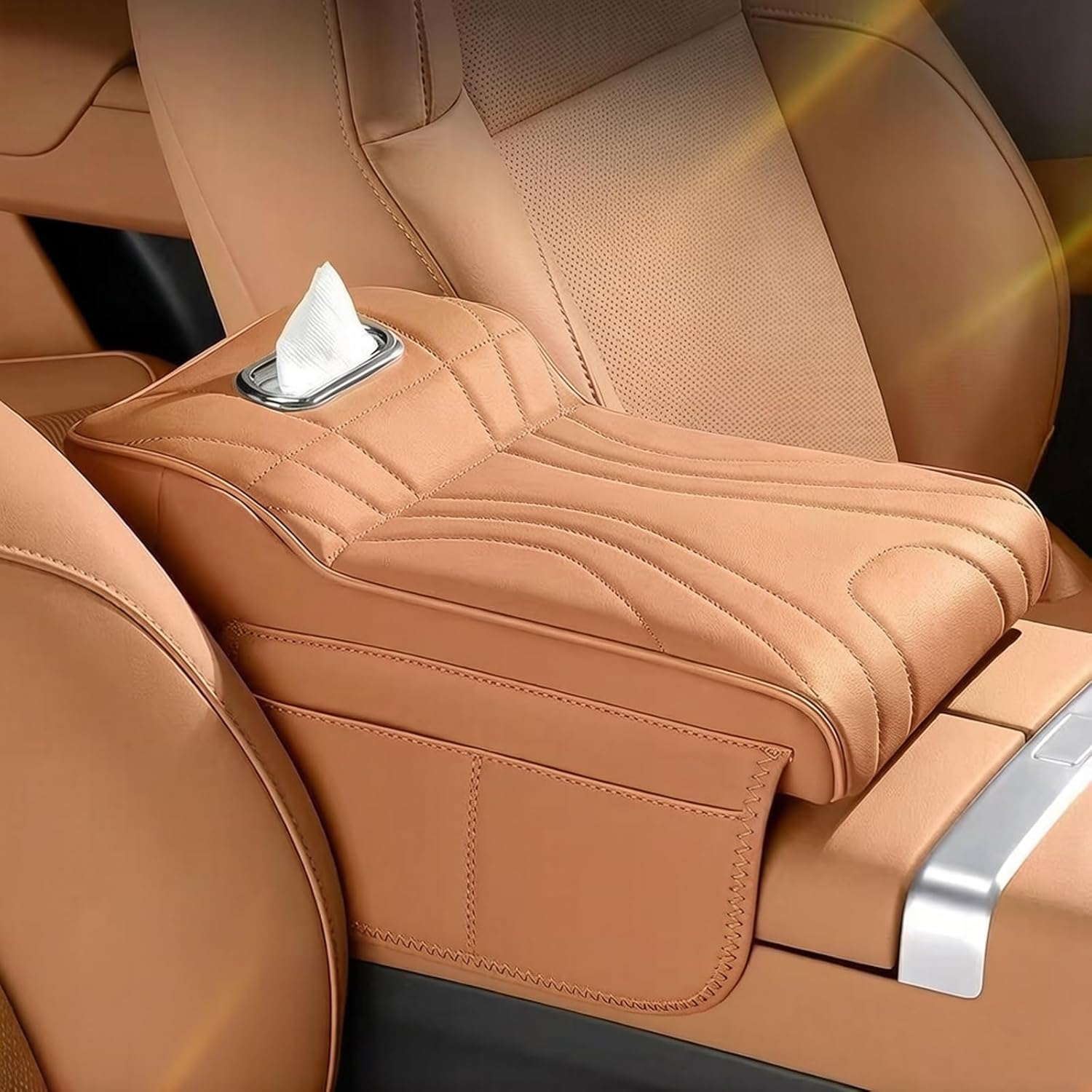 xssfc Centre Console Pad for Tesla Models ModelY Model3 ModelX, Console Riser Pillow Waterproof Car Armrest Pad Durable Car Armrest Cushion,Tan