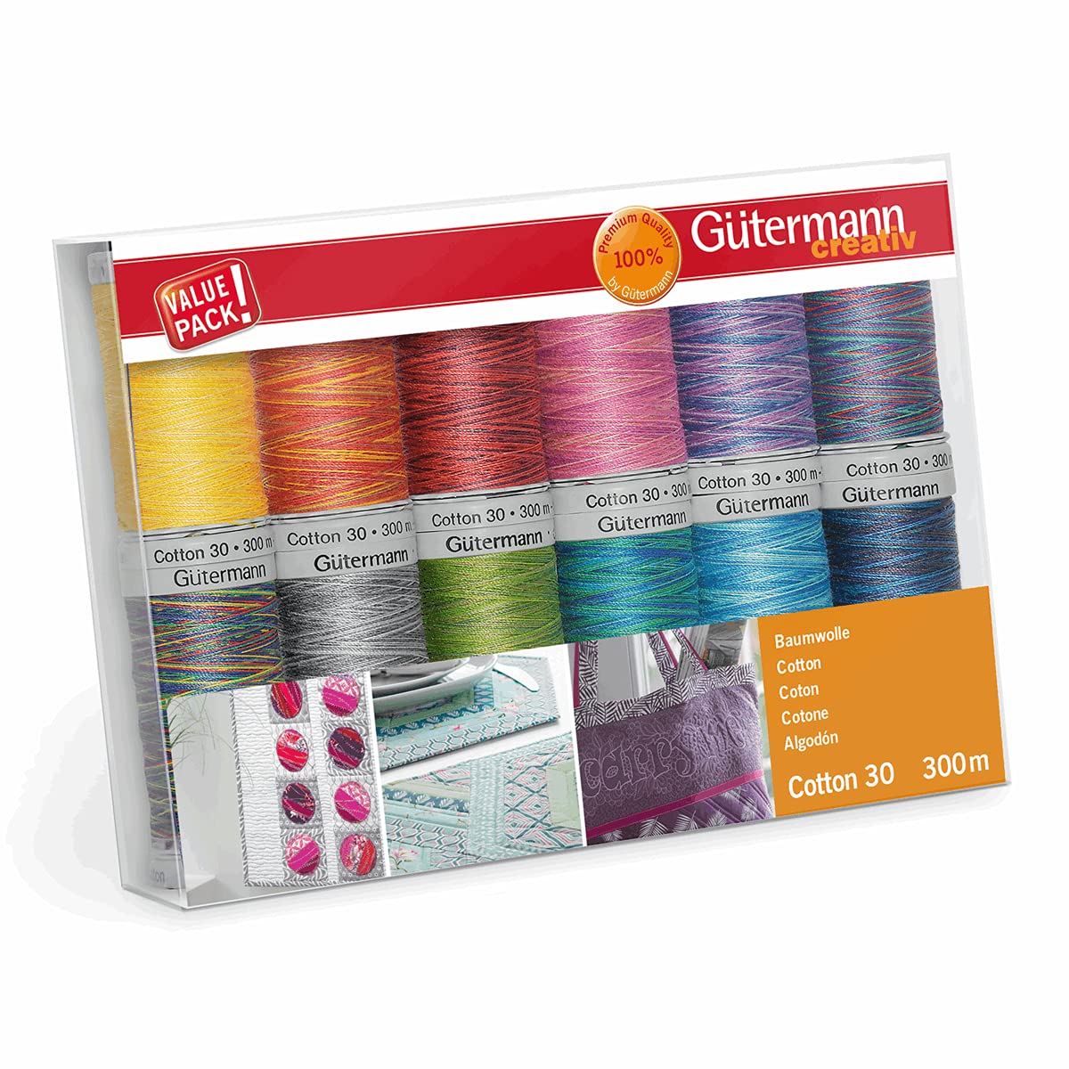 Guetermann Gutermann 734023-1-Juego de 12 bobinas de Hilo de Coser, tamaño 30, 100 m, algodón, Multicolor, Talla única, 1200