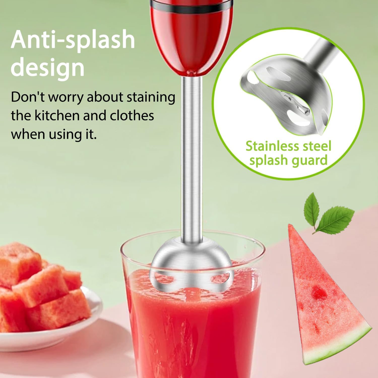 Bonsenkitchen Red Immersion Hand Blender, 2-Speed Stick Mixer for Smoothies, Soup & Baby Food, Portable Electric Blender with Stainless Steel Blades, Easy Clean