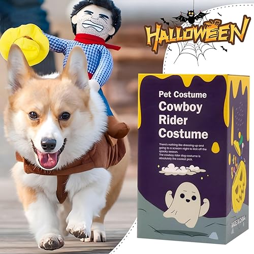Miniatura 8 de NACOCO Disfraz con vaquero para perros, con muñeco de jinete con sombrero, disfraz de mascota para halloween