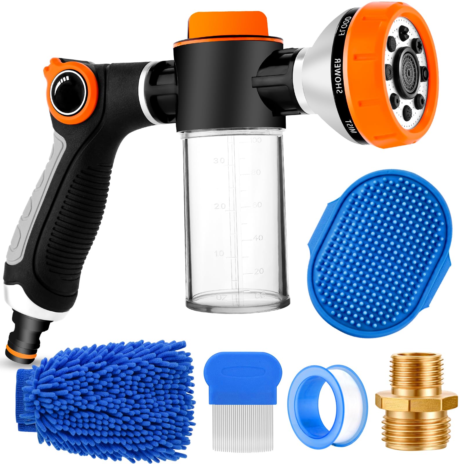 2-in-1 Dog Shower Attachment for Indoor & Outdoor, 8 Sprayer Mode Pup Jet Dog Wash Hose Attachment with Soap Dispenser, Pet Brush, Car Wash Mitt, Ideal for Watering Plant, Car Washing, Showering Pet