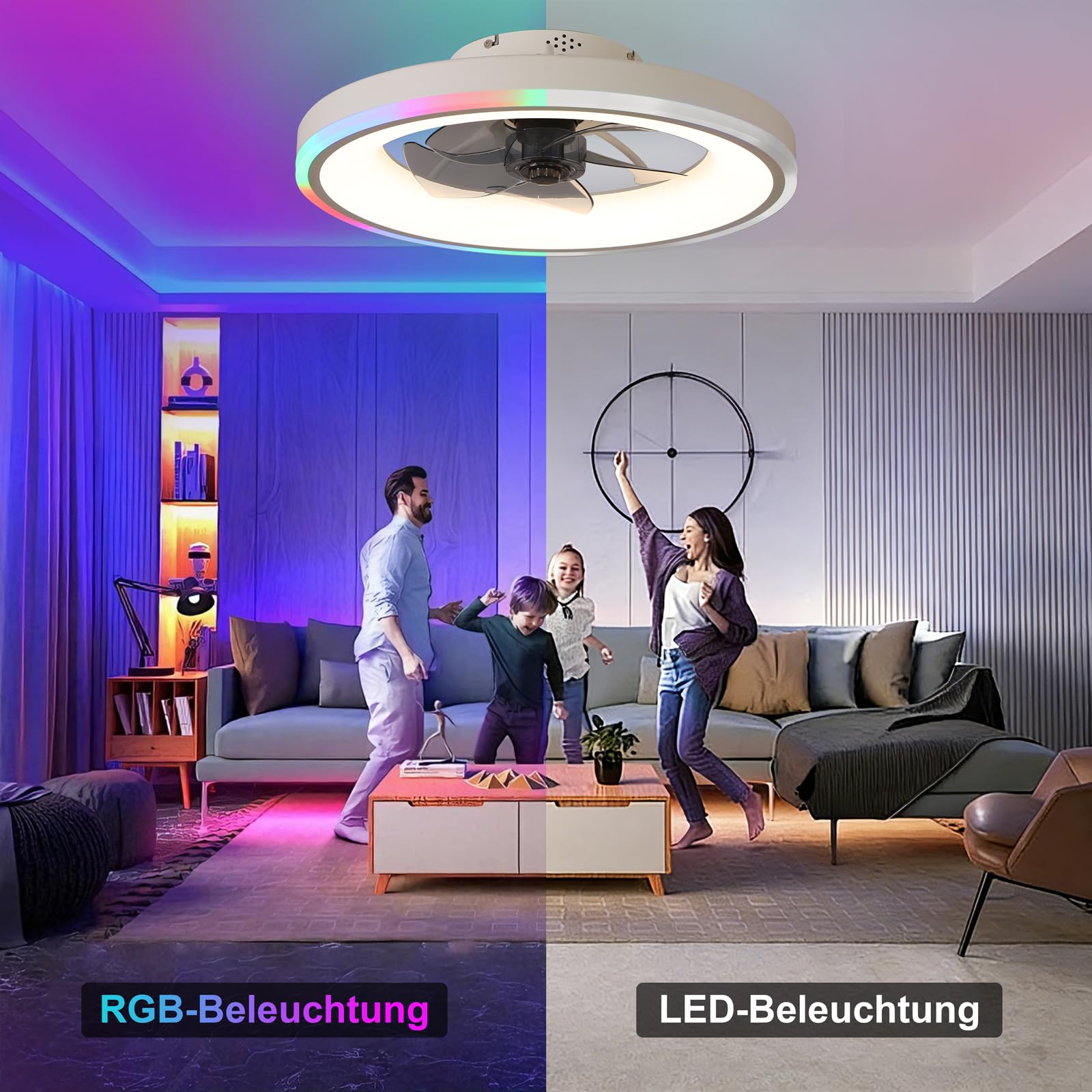 50 cm Deckenventilator mit Beleuchtung, RGB-Licht, leise, Weiß | RGB Deckenventilator mit Licht, Fernbedienung, Deckenlampe mit Ventilator, 6 Geschwindigkeiten, dimmbar, Timer, Schlafzimmer