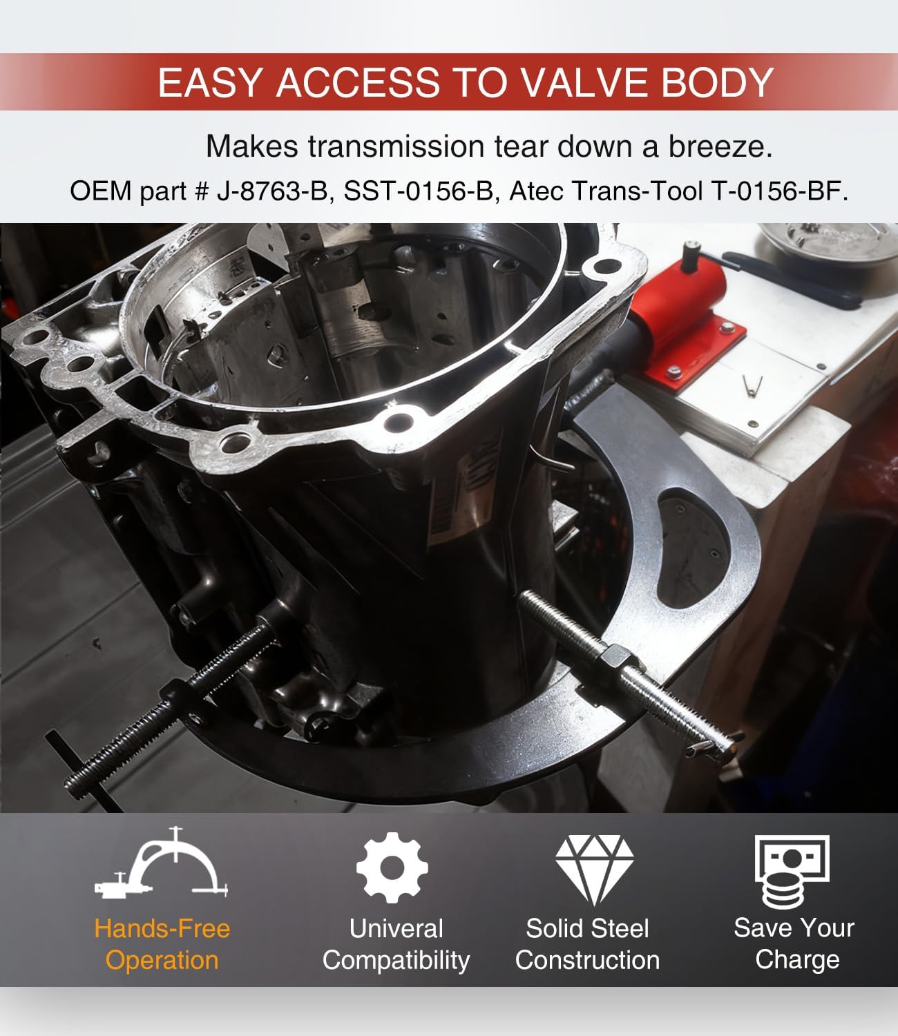 J-8763-B Transmission Small Engine Holding Fixture Tool Kit with Base & T-0015 Universal Lip Seal Installer Remover For Transmissions: 180C(3L30), 200, 200C, 200-4R, 250, 250-C, 350, 350-C, 375, etc