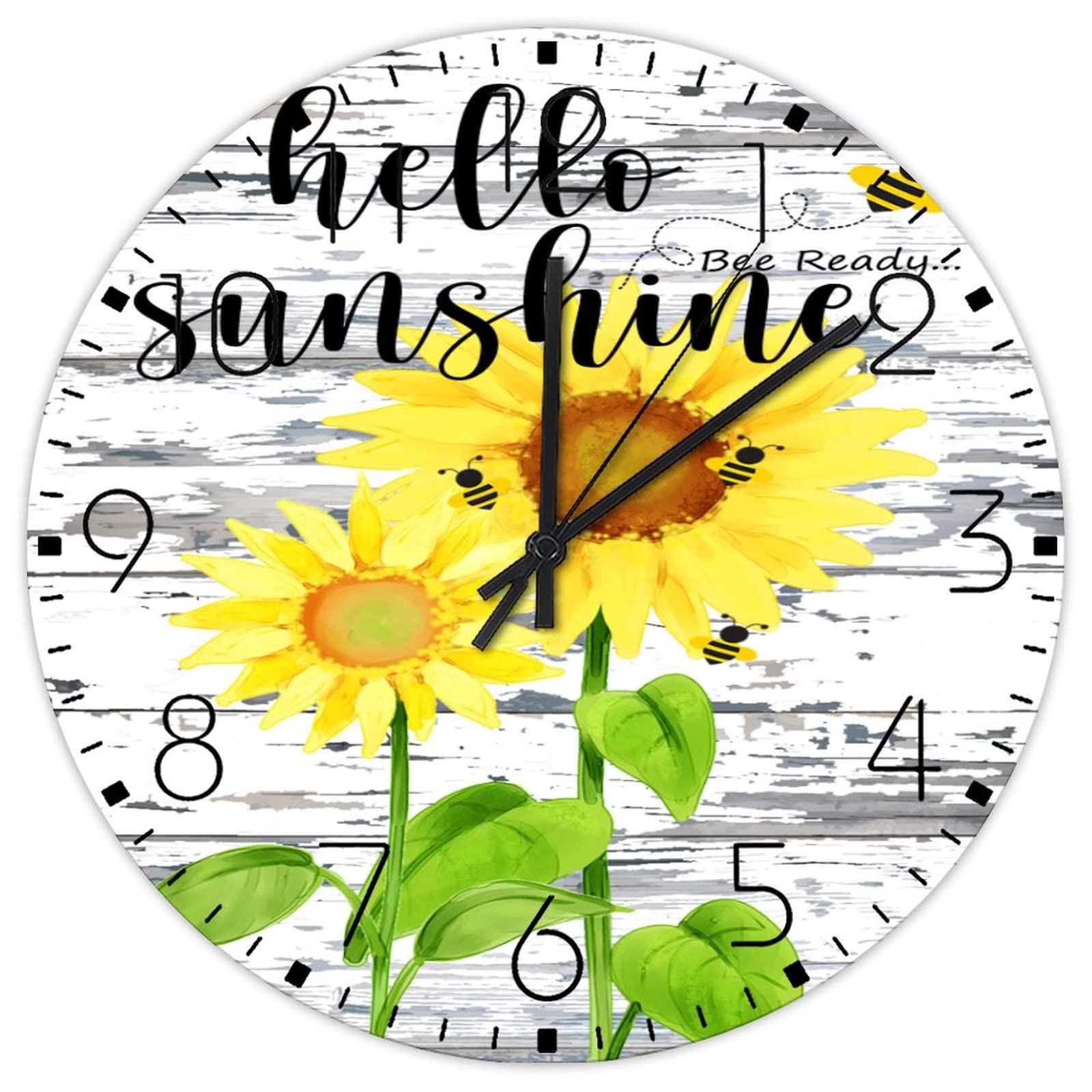 Horloge murale moderne en bois tournesol Hello Sunshine sans tic-tac