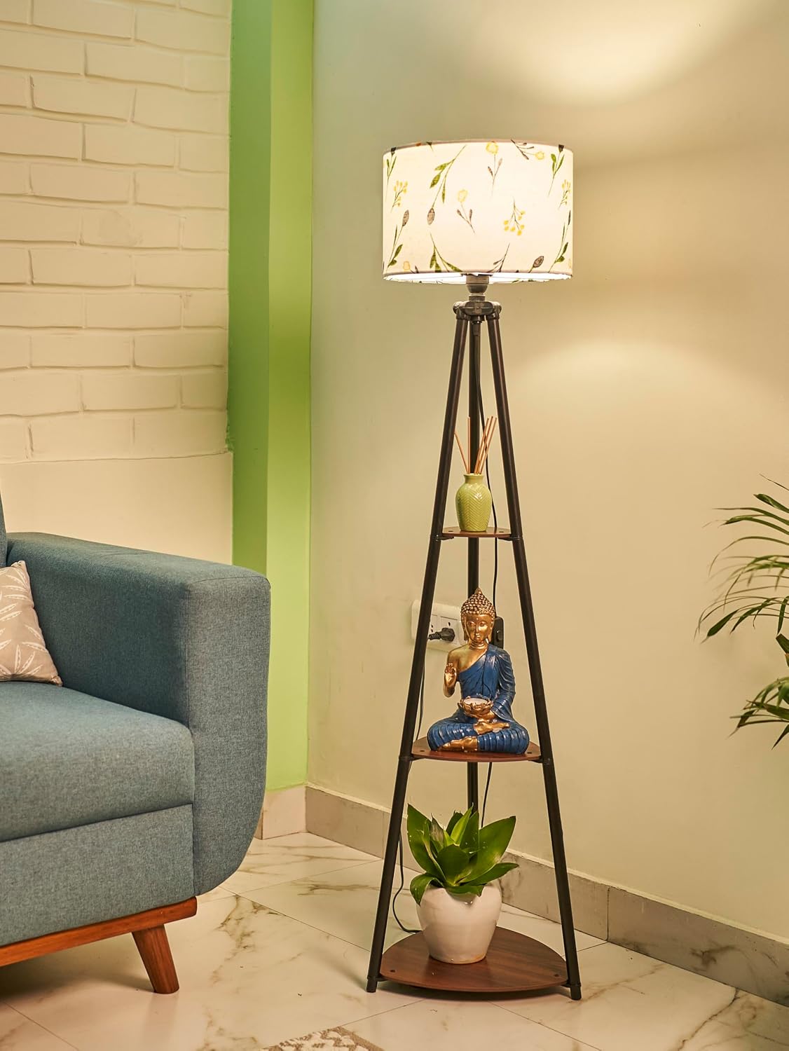 Crosscut Furniture LED Tripod Floor Lamp with 3 Shelves, Farm Petal, Multicolour, Metal Floor Lamp for Decoration and Gifting