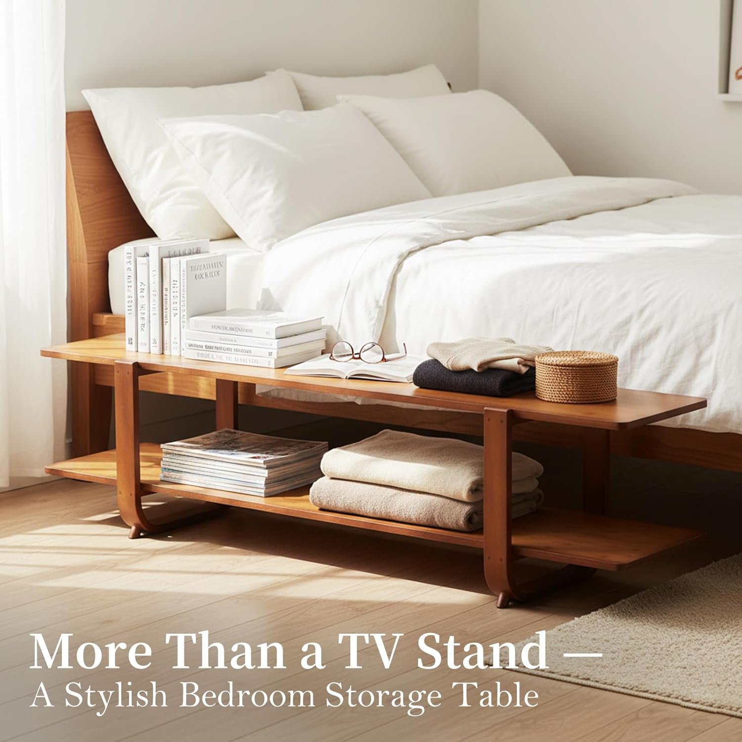 Tiita TV Stand with Storage for TVs up to 65'', Bamboo TV Console Entertainment Center with 2 Open Shelf, Mid Century Modern Media Console for Living Room, Bedroom, Walnut - Image 4