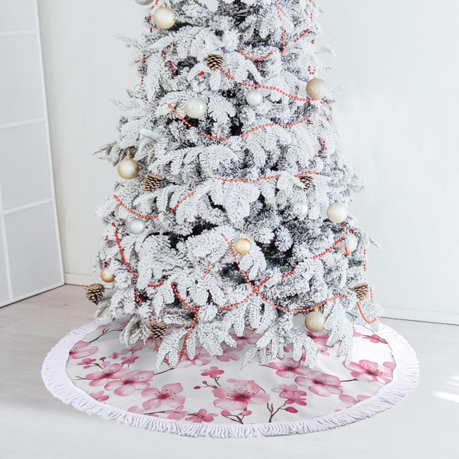Cherryflowers Floral Christmas Tree Skirt Round Xmas Tree Mat Ornaments Tree Skirts with Tassels for Holiday Party
