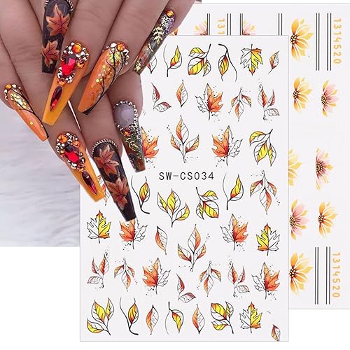 Miniatura 3 de Calcomanías de arte de uñas de otoño, hojas de arce 3D, calcomanías de uñas de día de pavo, hojas de otoño amarillas, calcomanías autoadhesivas para