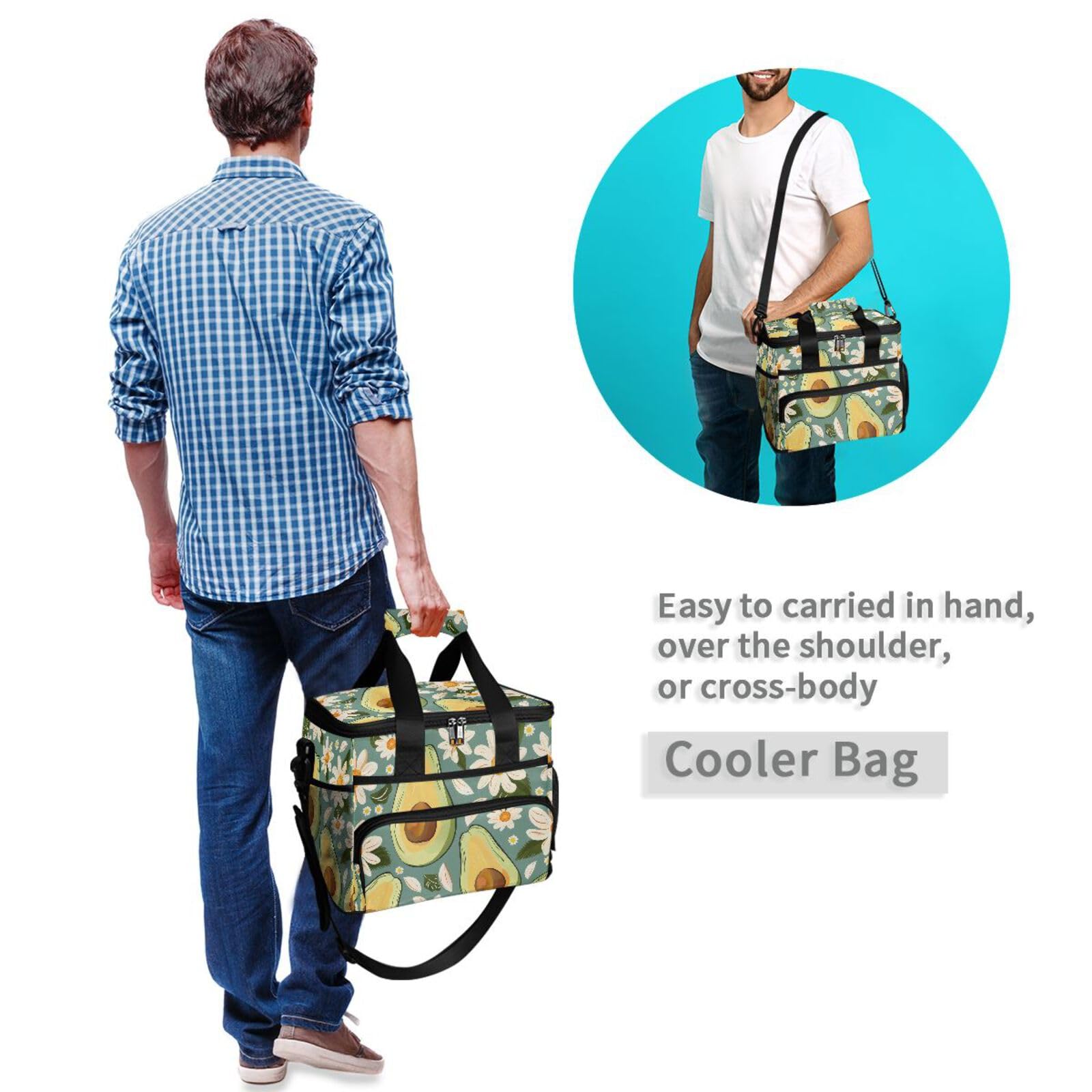 Grüne Avocado-weiße Gänseblümchen-Kühltasche, groß, isolierte Lunchtaschen, Picknick-Kühltasche, 15 l, 24 Dosen, wasserdichte Thermotasche für Erwachsene, Männer, Frauen