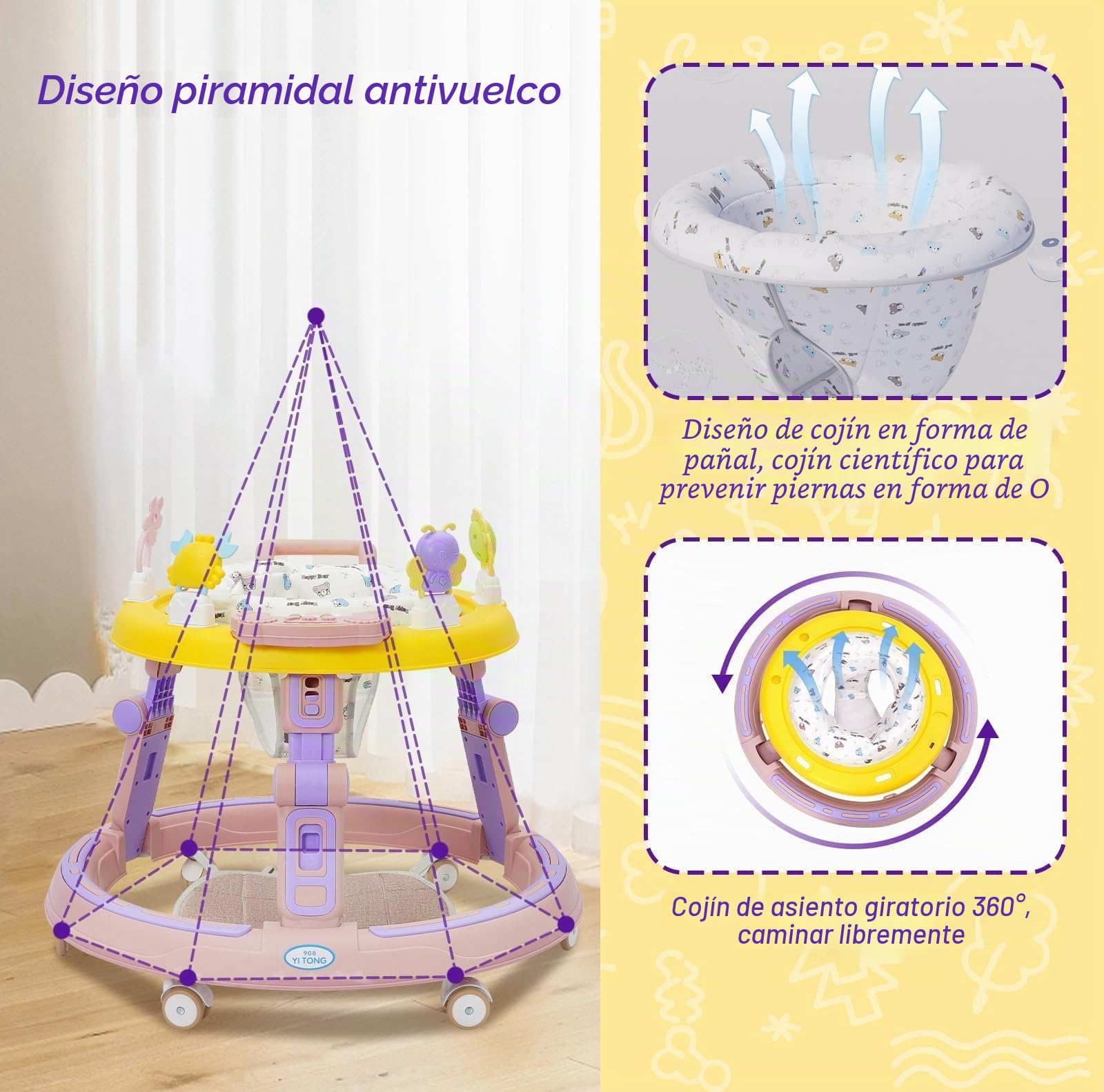 Andador Bebes 5 en 1,Tacata Bebe Plegable con Altura Música,Plegable Asiento Giratorio 360°,6 Ruedas Silenciosas,Apto Para Niños y Niñas a Partir de 6 Meses