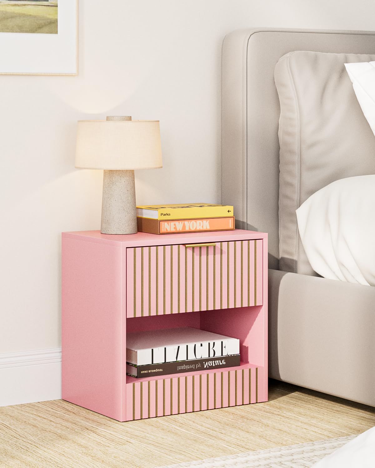 HEYZOEY Petite table de chevet rose avec tiroir et compartiment moderne