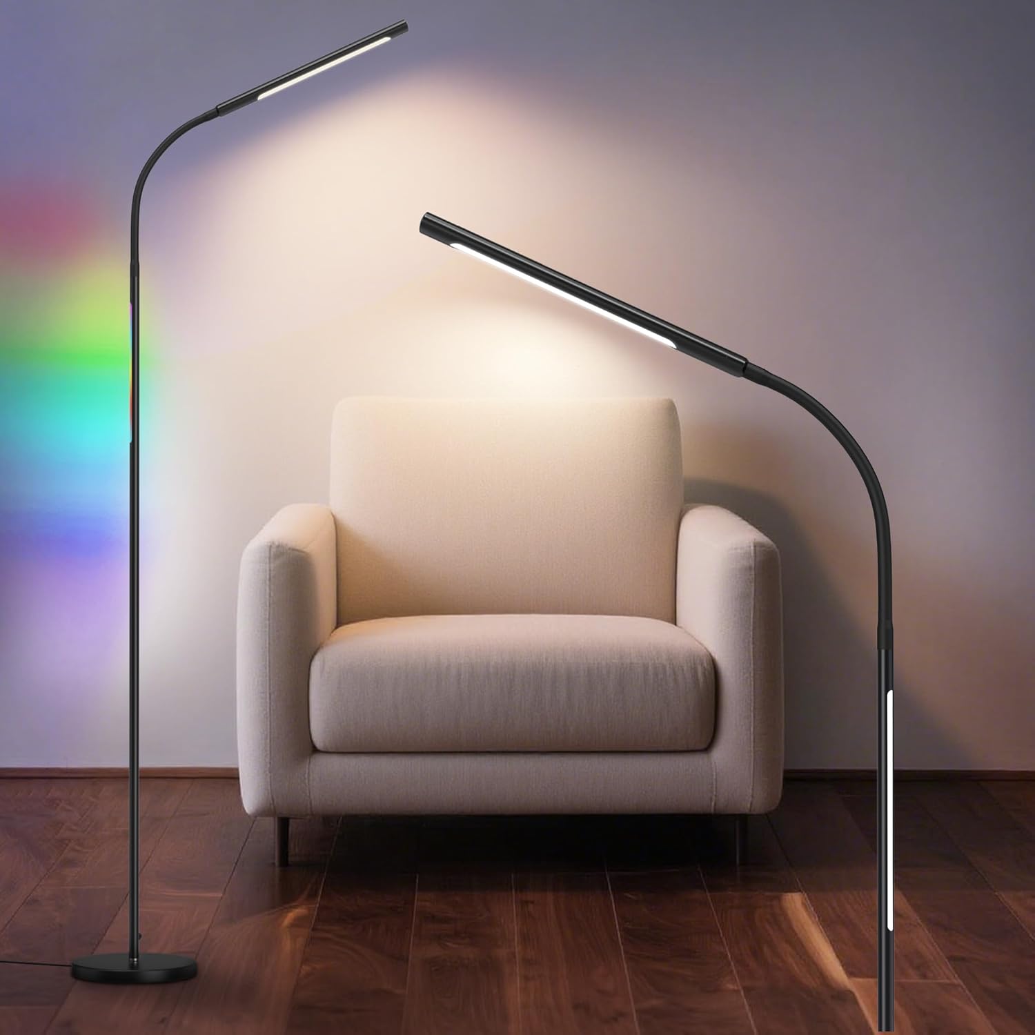 LED Floor Lamp, Dimmable Standing Lamp for Living Room, Adjustable RGB Color Light Floor Lamp with Remote and Touch Control for Office Bedroom, Stepless Dimming & Temperatures