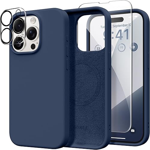 Miniatura 298 de GONEZ Funda de silicona para iPhone 14 Pro Max, compatible con MagSafe, con protector de pantalla + protector de lente de cámara, silicona líquida a