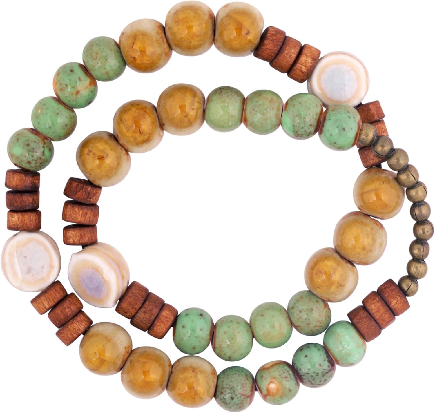MINACHI Bohemian Ceramic Wooden Bead Bracelet, Double Circle Style, Green Yellow Gradient, Delicate Jewelry for Women