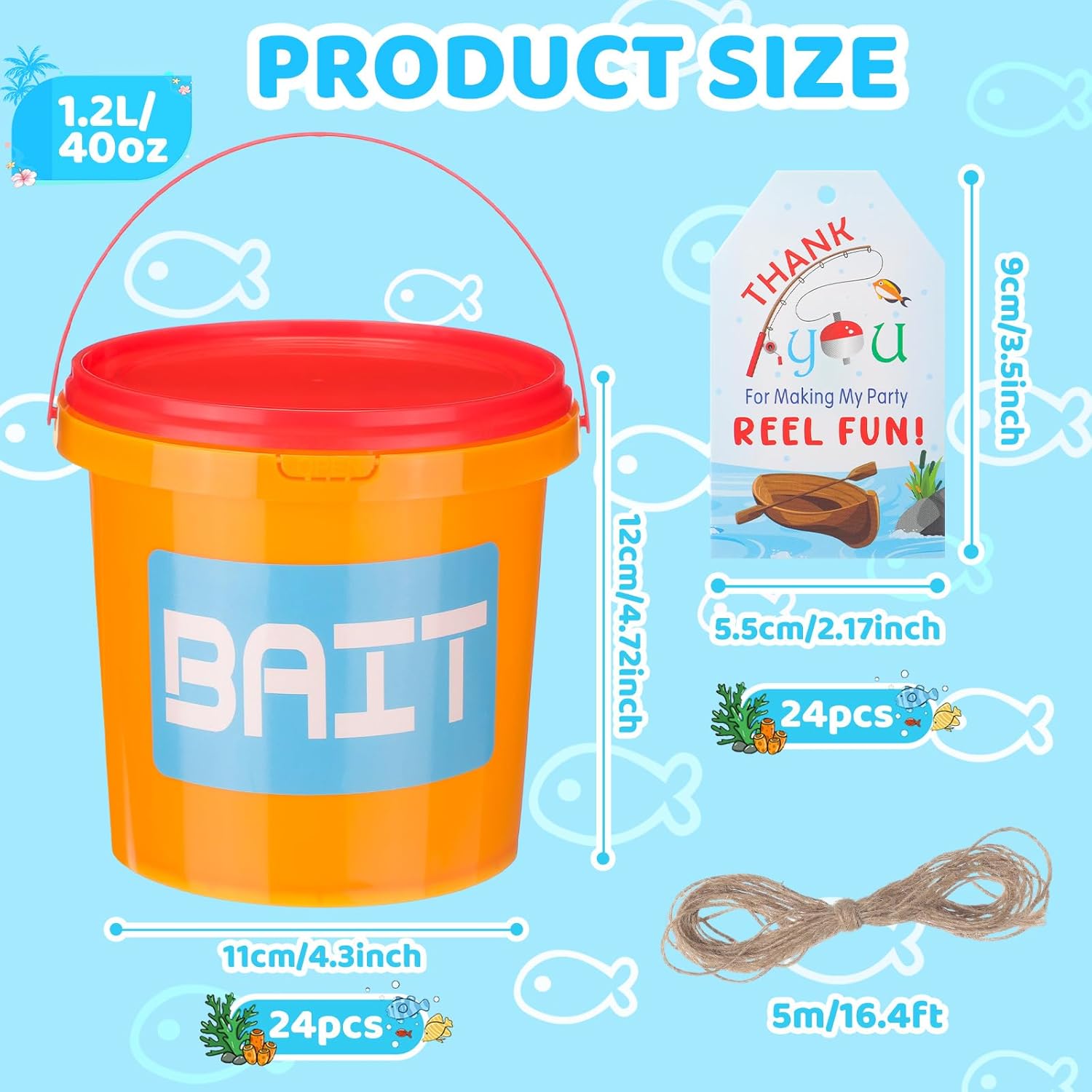 24 Sets Fishing Party Favors Small Fish Bait Bucket 1.2l Candy Bucket with Lids and Thank You Cards for Making My Reel Fun Fishing Theme Birthday Party Decorations