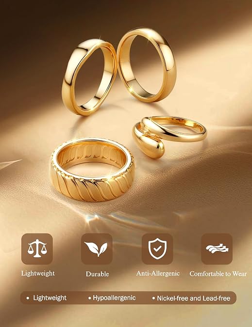 FIASASO Chunky 14K Gold Plated Rings for Women Non Tarnish - 4Pcs 14K Thick Gold Plated Statement Rings Set Fashion Stackable Ring Trendy Waterproof Chunky Dome Ring