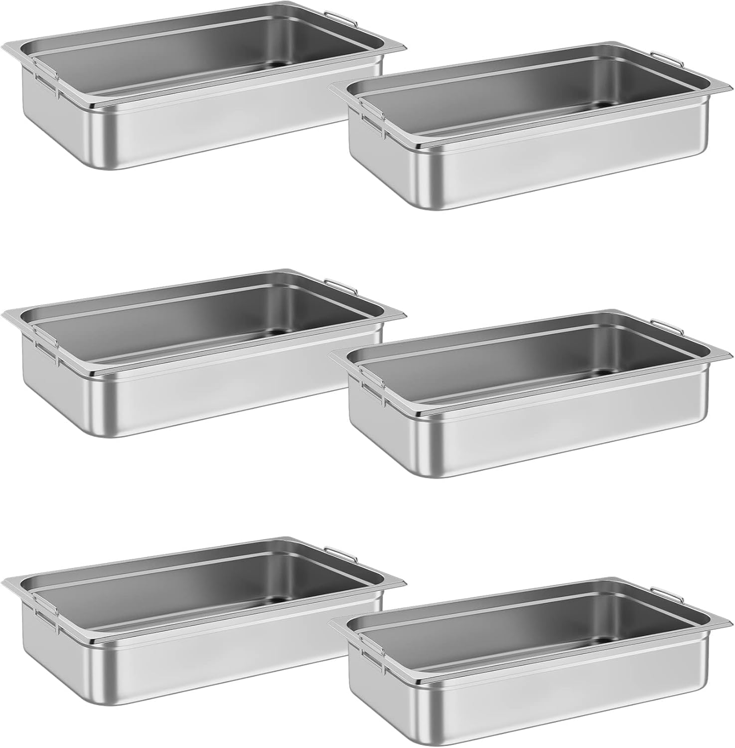 GarveeHome 6 Pack Full Size Food Pans, 4 in Deep Commercial Catering Hotel Pan, NSF Certified, Stainless Steel Anti-Jamming Steam Table Pan,Handle + No Lid