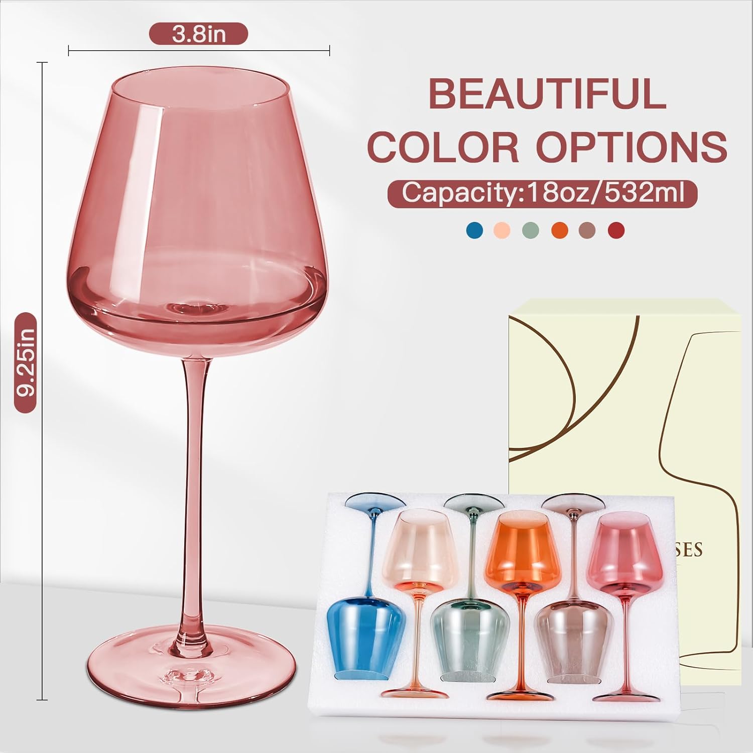 Colored Wine Glasses Set of 6, Hand Blown Large Colorful Wine Glass 18Oz, Lead-Free Premium Crystal Long Stem and Thanksgiving Wine Glass, Valentine's Day and New Year gifts - Image 2