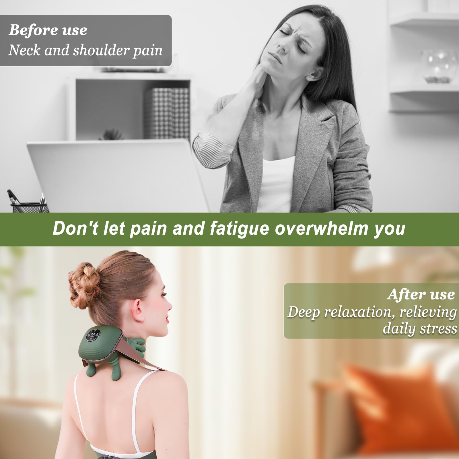 Masajeador Cervical y Espalda 4D Biónico Eléctrico Shiatsu Portátil con 3 Niveles de Intensidad y 2 Niveles de Calor (Verde)