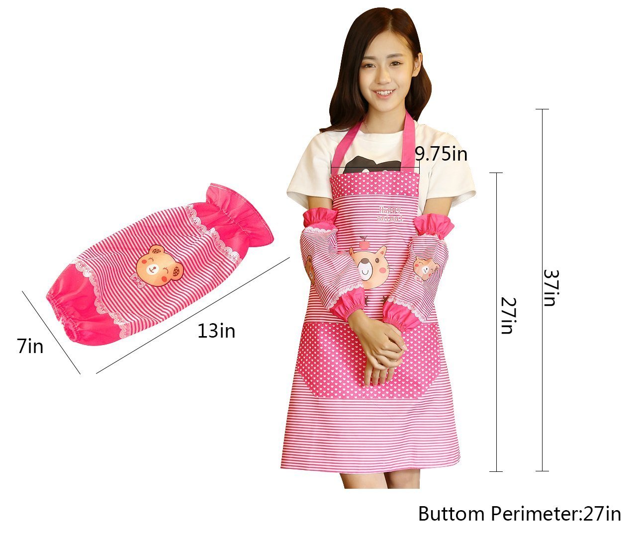 Abcsea Tablier Bavette Femme Avec Poches, Tabliers Pour Filles La Cuisine Avec Manches,mignons Cartoon Dessin Tablier Pour Femme De Menage - Rose