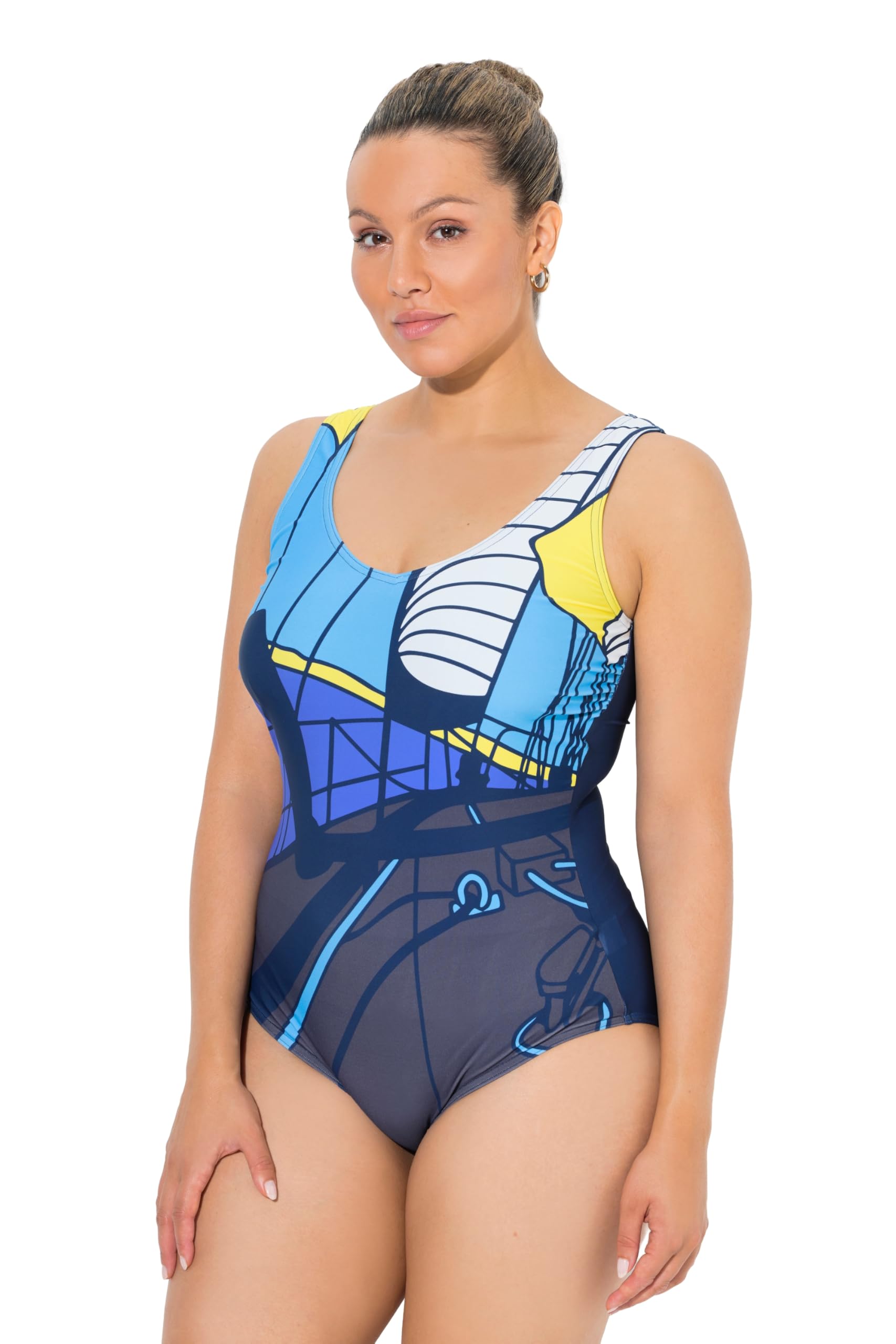 Ulla Popken Damen große Größen Übergrößen Plus Size Badeanzug, Segelmotiv, ohne Softcups, Rundhals 846252