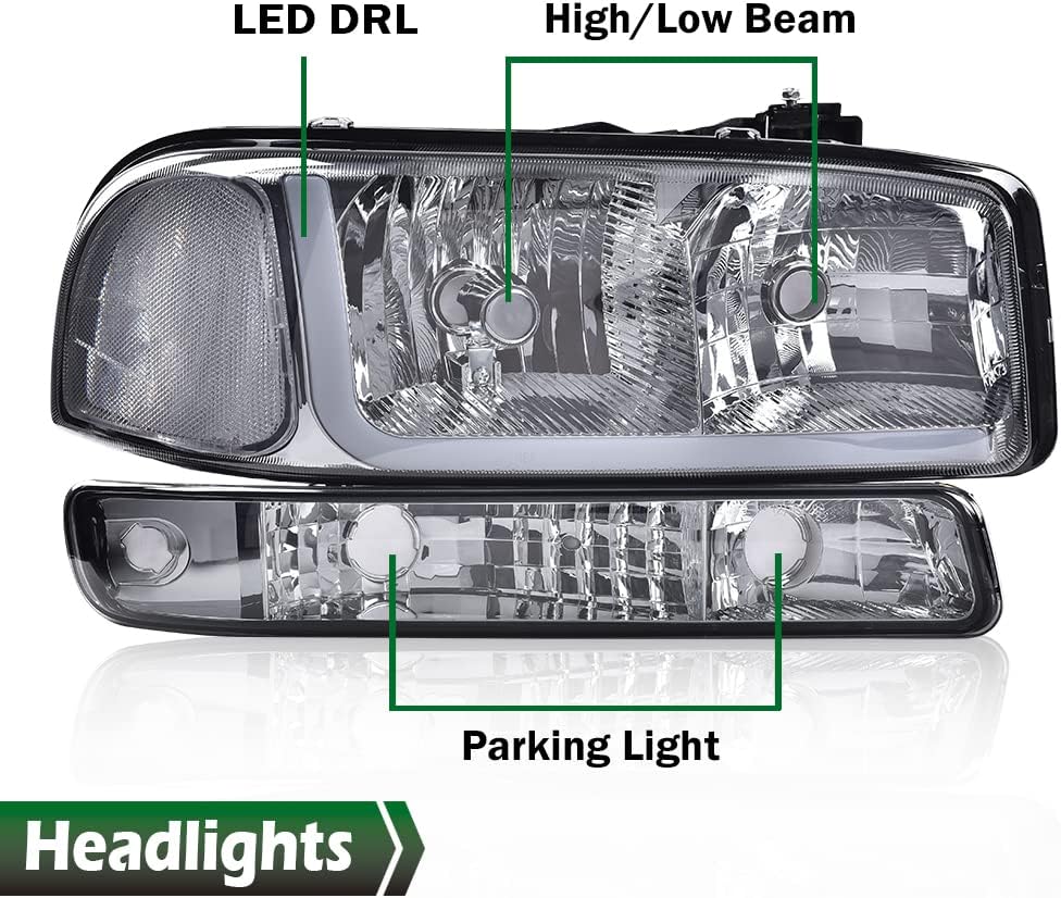 LQI LED DRL Headlights Assembly Compatible with Gmc Sierra 1500 1999-2007/Fit GMC Yukon XL 1500 2500 1999-2006 Black Clear W/Bumper Signal Lamps（Clear lens Black Housing Clear Reflector）