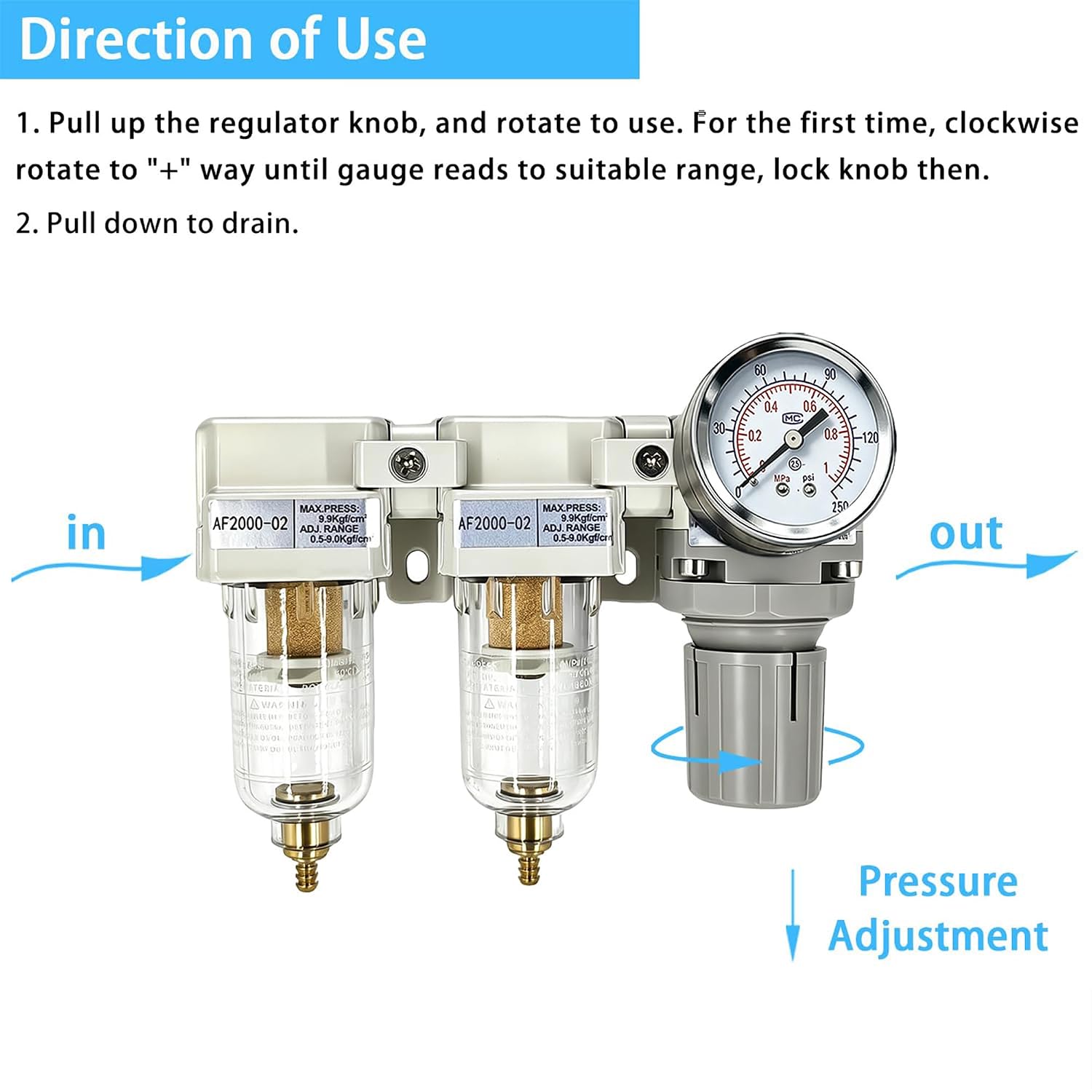 XingNEeng 1/4" NPT Air Drying System-Double Air Filter, Air Pressure Regulator Combo, Air Compressor Water/Oil Separator with 0-150 psi Gauge, AC2000-02, Manual Drain, 5 Micron Brass Element