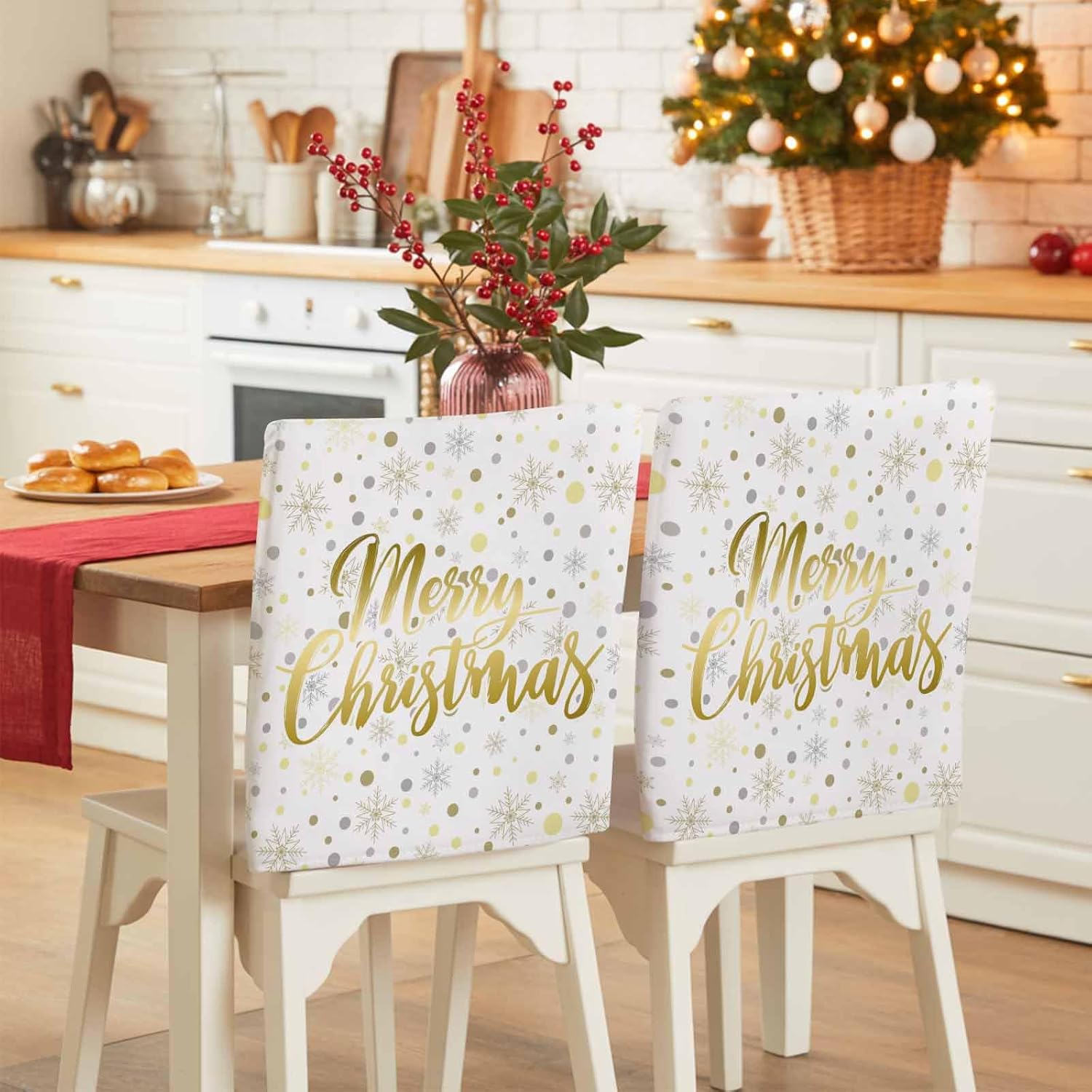 Savannan Dining Chair Back Covers, Merry Christmas Snowflake Polka Dot Gold White Chair Covers Chair Slipcovers Protective Covers for Holiday Party Festival Decoration, Set of 4