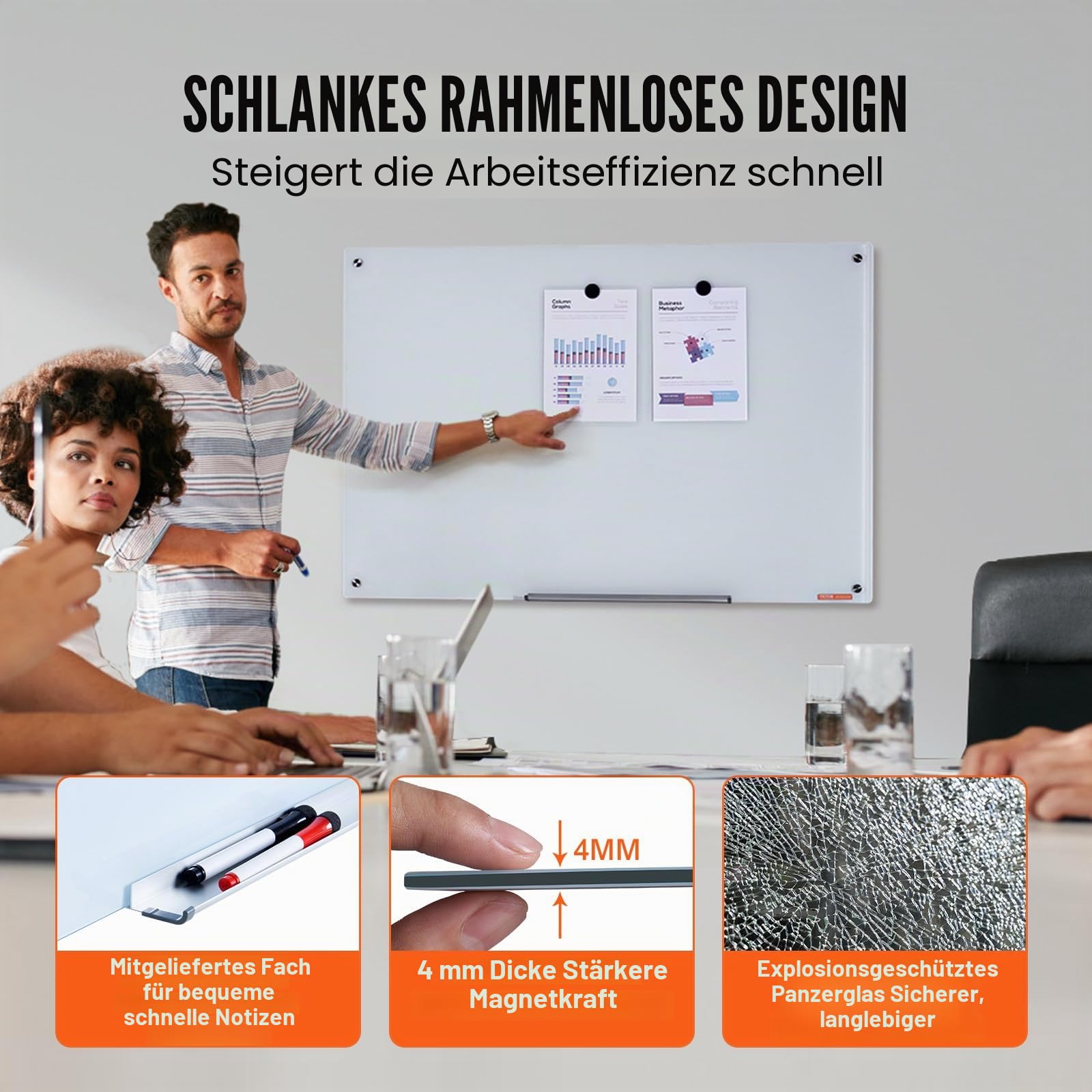 VEVOR Magnetisches Glas-Whiteboard, Wandtafel Trocken Abwischbare Tafel 90 x 60 cm, Wandmontiertes Weißes Glasboard ohne Rahmen, mit Stiftablage, einem Radiergummi& 2 Stiften, Magnettafel Weiß