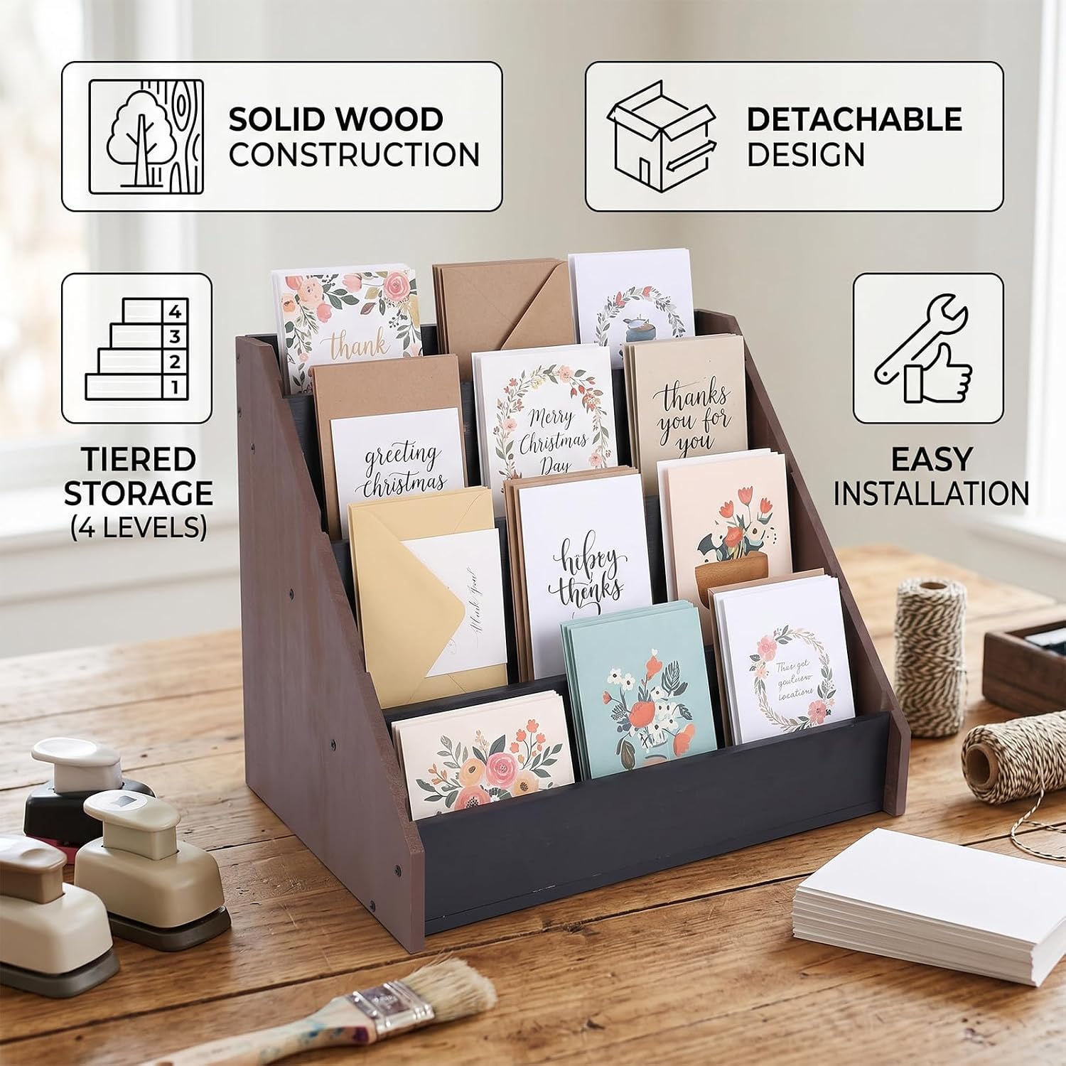 Greeting Card Display Stand, 4 Tier Wood Card Organizer Holder with Removable Dividers, Countertop Display Rack for Cards, Postcards, Envelopes, Stationery, Crafts and Retail Counter
