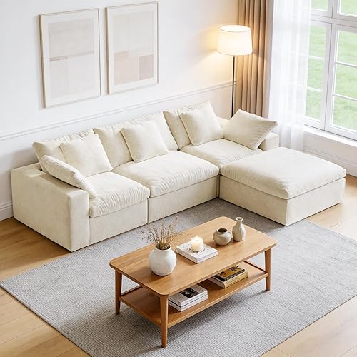 120" L-Shaped Boneless Cloud Couch, Modular Sectional Sofa with Ottoman and Extra-Wide Armrests, Deep Seat Sectional Couches for Living Room, 35D High-Density Foam, No Assembly Required, Beige