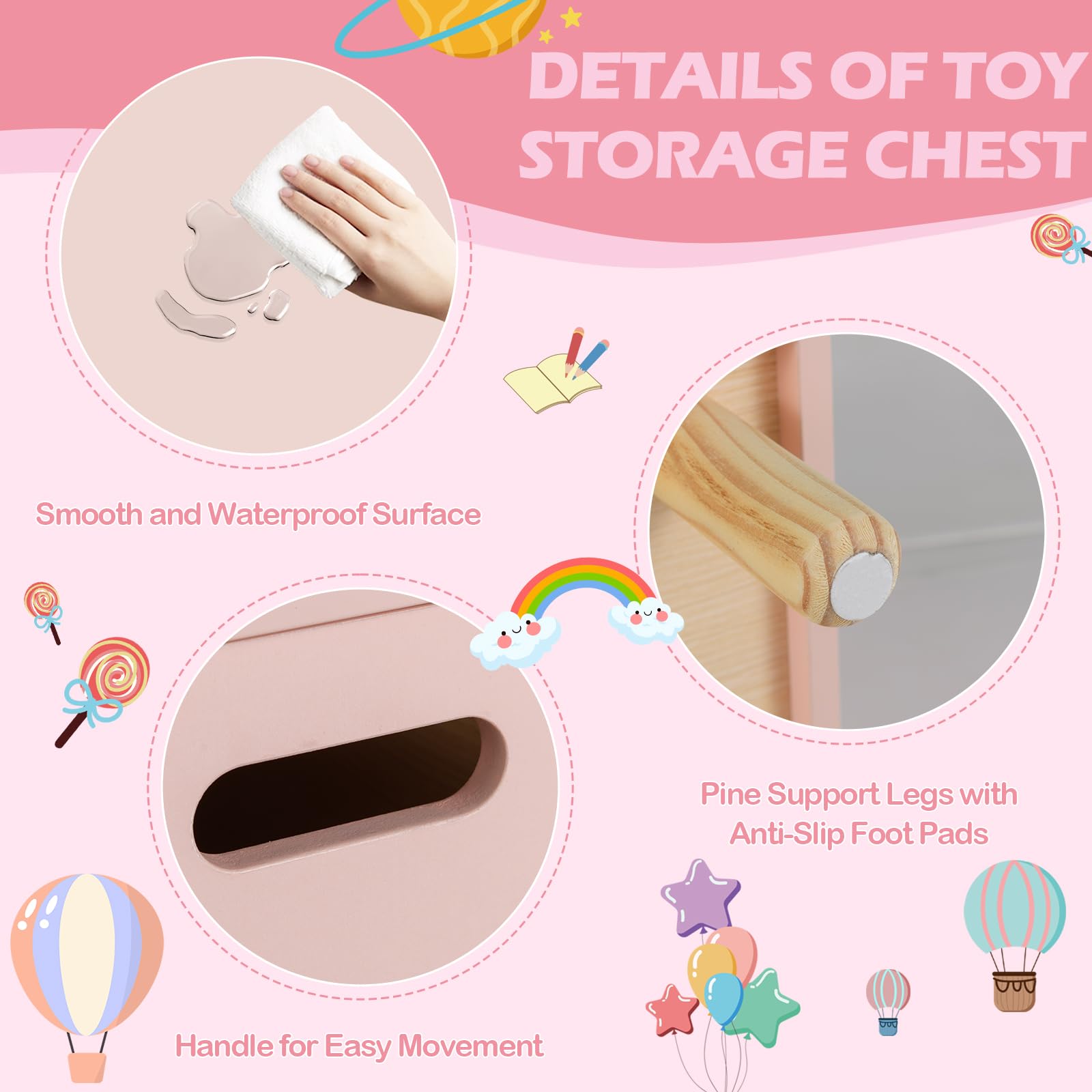 FANTASK Spielzeugkiste Holz, Spielzeugtruhe mit Deckel & offenem Regal, Aufbewahrungsbox Kinder mit großer Kapazität, Truhe zur Spielzeugaufbewahrung für Kinderzimmer & Spielzimmer, Rosa