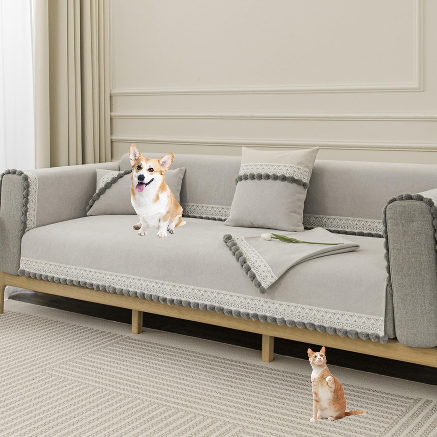 Funda de sofa de chenilla para salones familiares con mascotas color gris claro 90x160cm