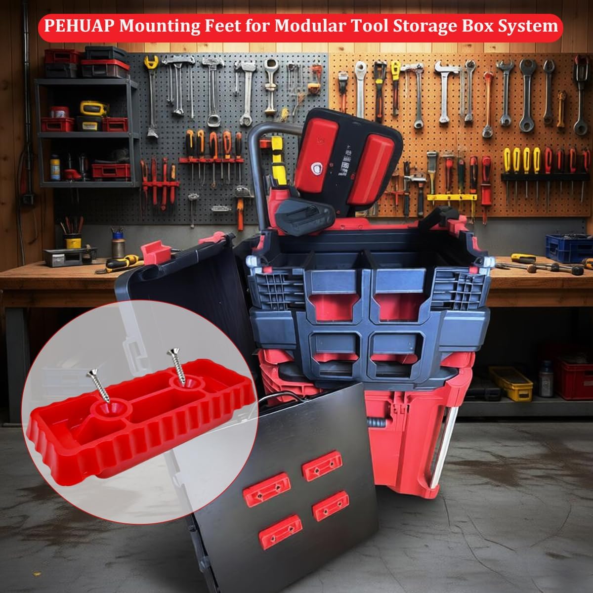 Mounting Feet & Plate for Modular Tool Storage Box System, 20-Pack | Heavy Duty Tool Organizer Mounting Feet Set for Modular Box Systems, Truck Bed, Shelving, Workbench. Red