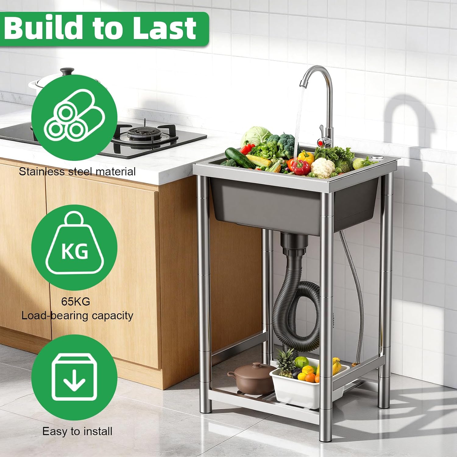 Free Standing Utility Sink Stainless Steel Single Bowl Kitchen Sink with 360° Rotating Faucet & Filter Basket, Quiet Drainage, for Home Laundry Restaurant Outdoor Garden Use
