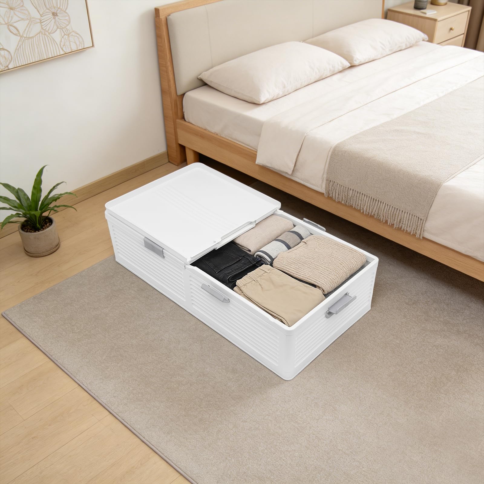 Unterbett Aufbewahrungsbox 101x51.5x24cm, faltbare Unterbettkommode mit Rollen, Kunststoffbox mit doppelseitigem Deckel, für Kleidung, Schuhe und Bettwäsche, Weiß