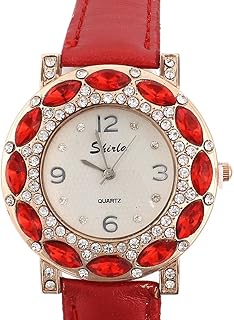 Qtqgoitem Lady Rhinestone Faux Leather Band Analog Quartz Wrist Watch Red (Model: ACD 9b4 23d 143 ac2)