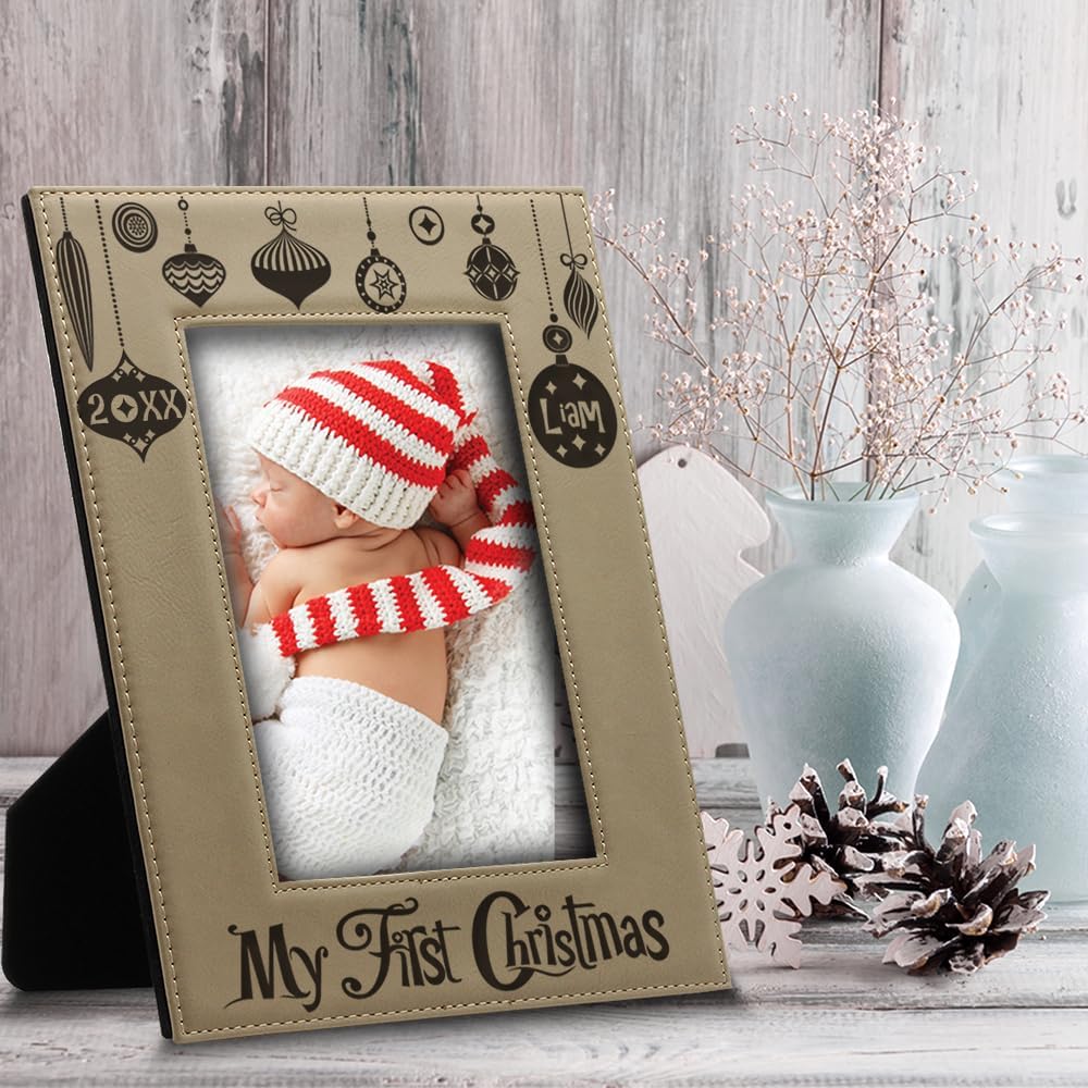 BELLA BUSTA-Personalize My First Christmas keepsake-Child's 1st Holiday Season-Christmas Ornament Theme-Engraved Leather Picture Frame (5x7 Vertical)